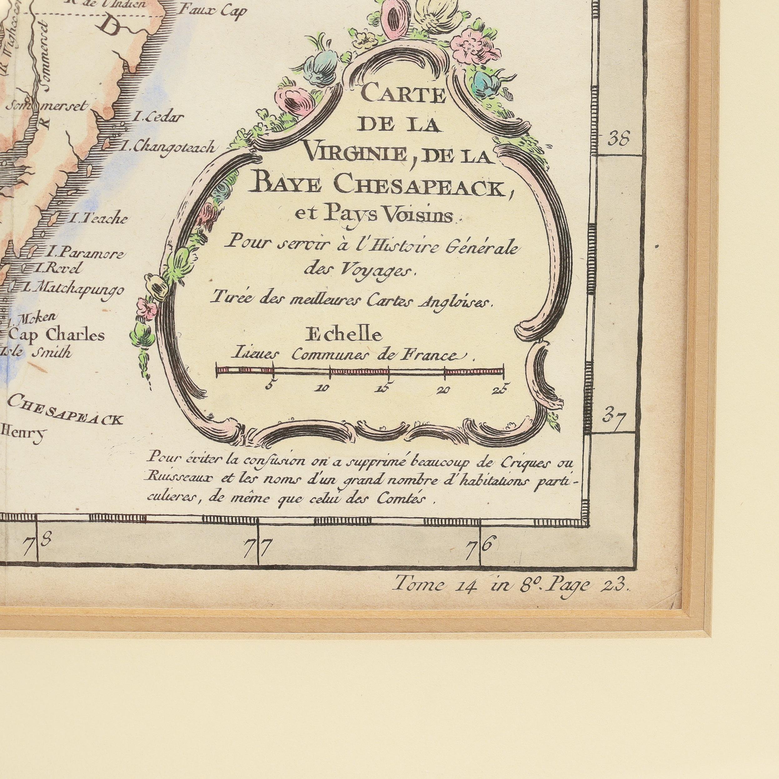 Carte ancienne de la Virginie et de la baie de Chesapeake par Jacques-Nicolas Bellin, c.C. 1750 Bon état - En vente à Philadelphia, PA