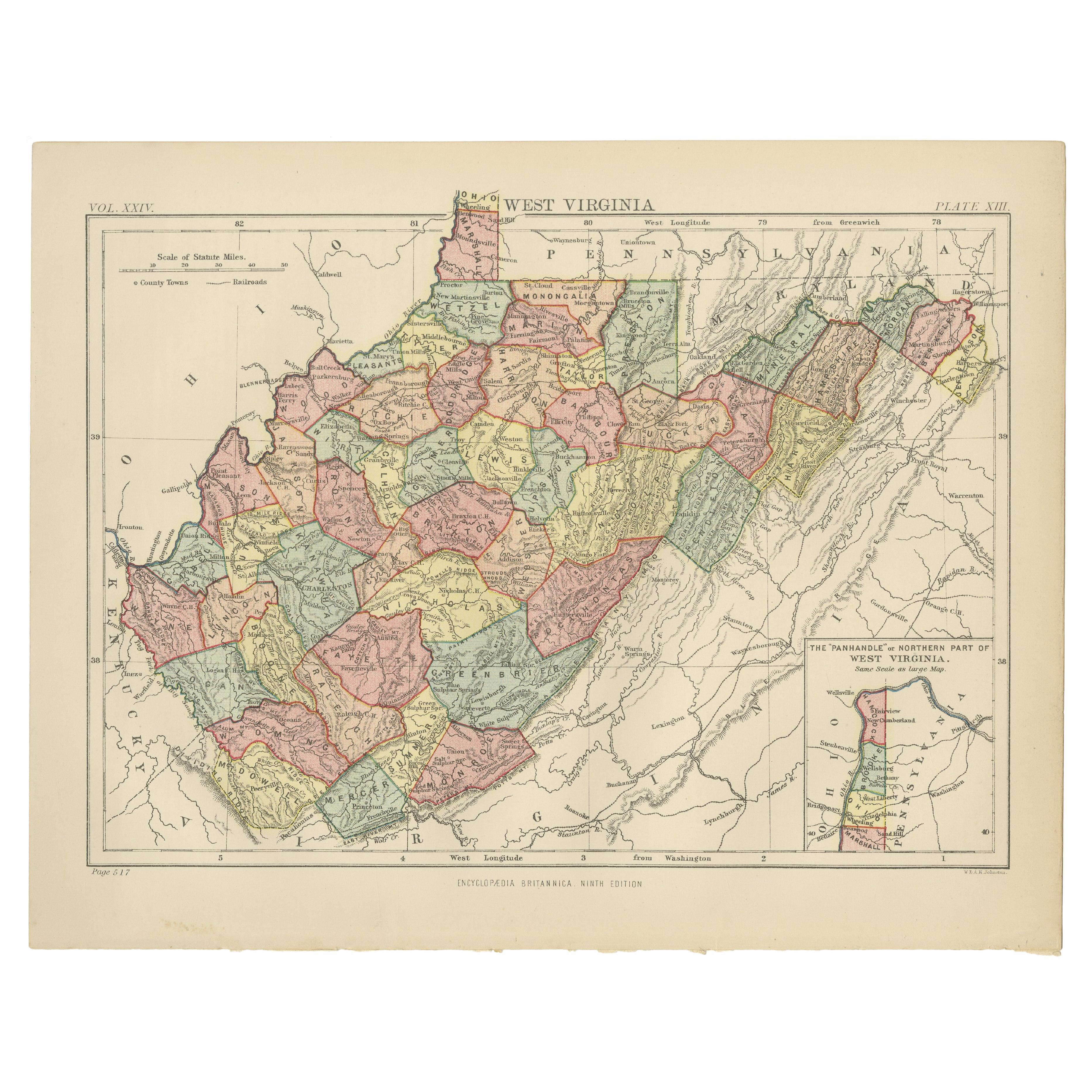 Antike Karte von Virginia, mit eingelassener Karte des nördlichen Teils von West Viriginia