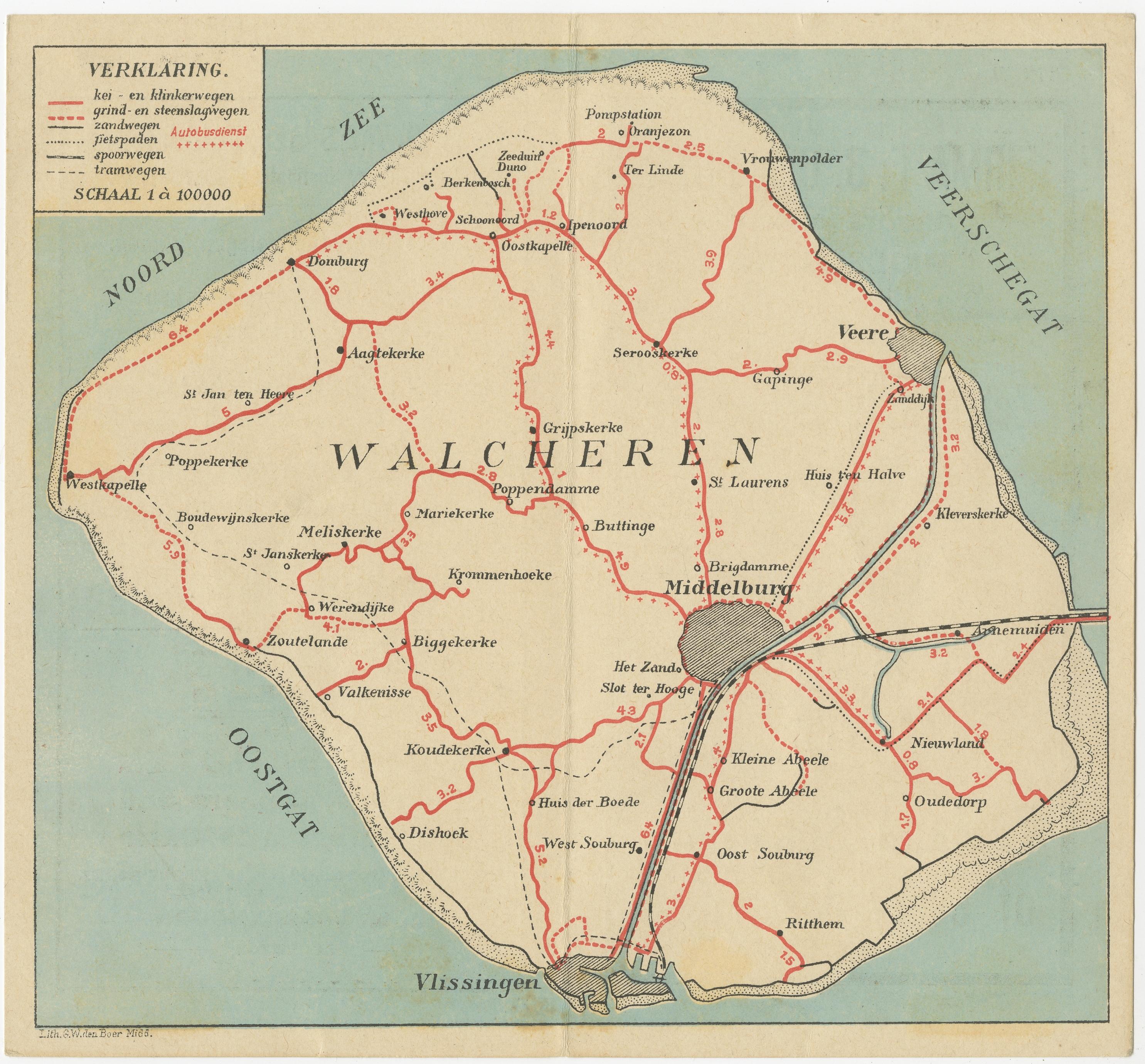 Antique map of Walcheren, part of the province of Zeeland, the Netherlands. 

Shows the cities of Veere, Middelburg, Vlissingen and others. Source unknown, to be determined. Published c.1910. 

Walcheren is a region and former island in the