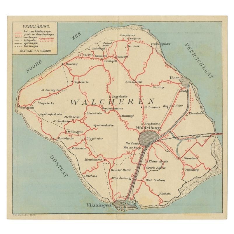 Carte ancienne de Walcheren en Zélande, Pays-Bas, c.1910