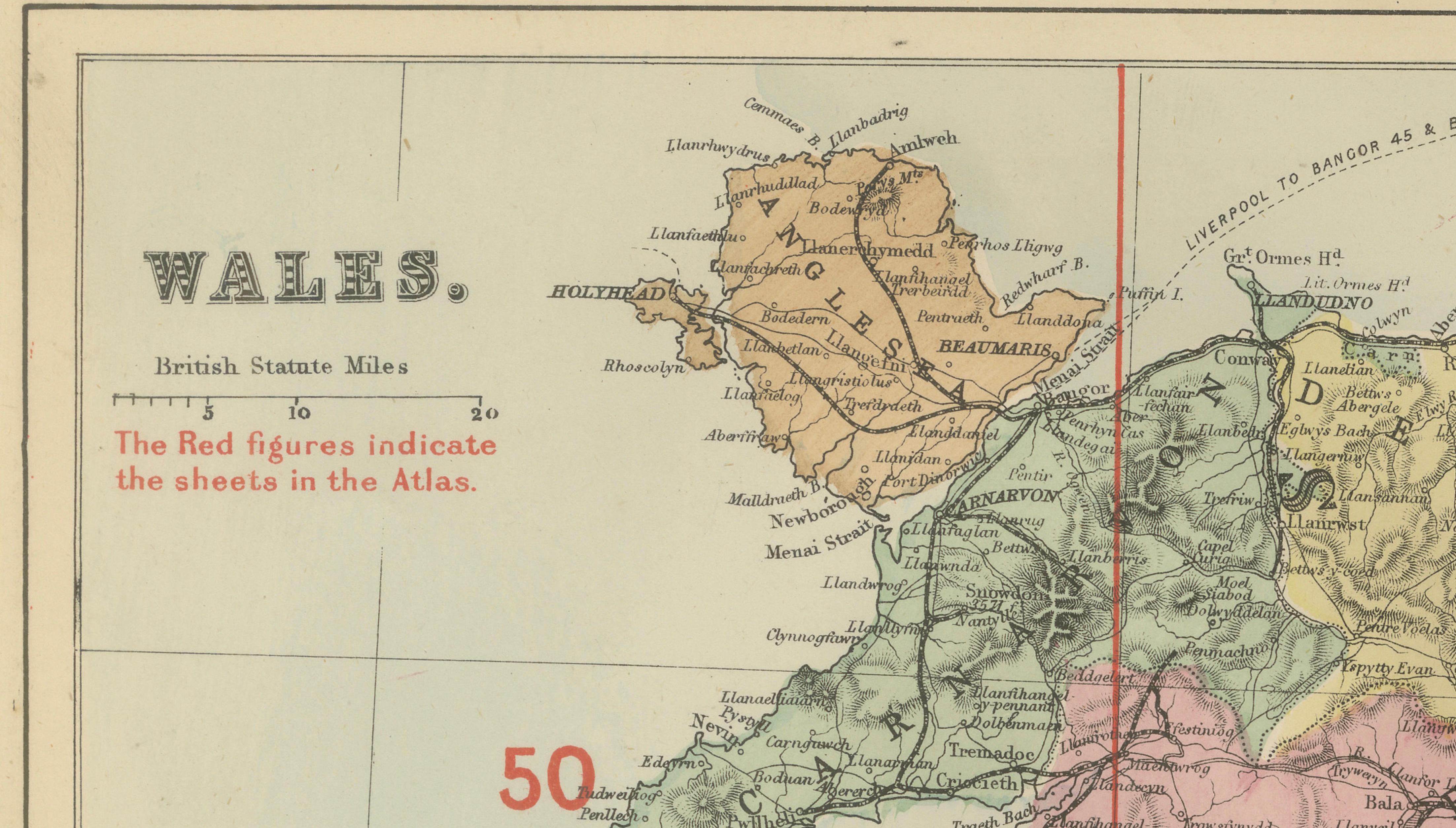 Antique Map of Wales, 1885 – County Colors, Railways & Coastal Detail