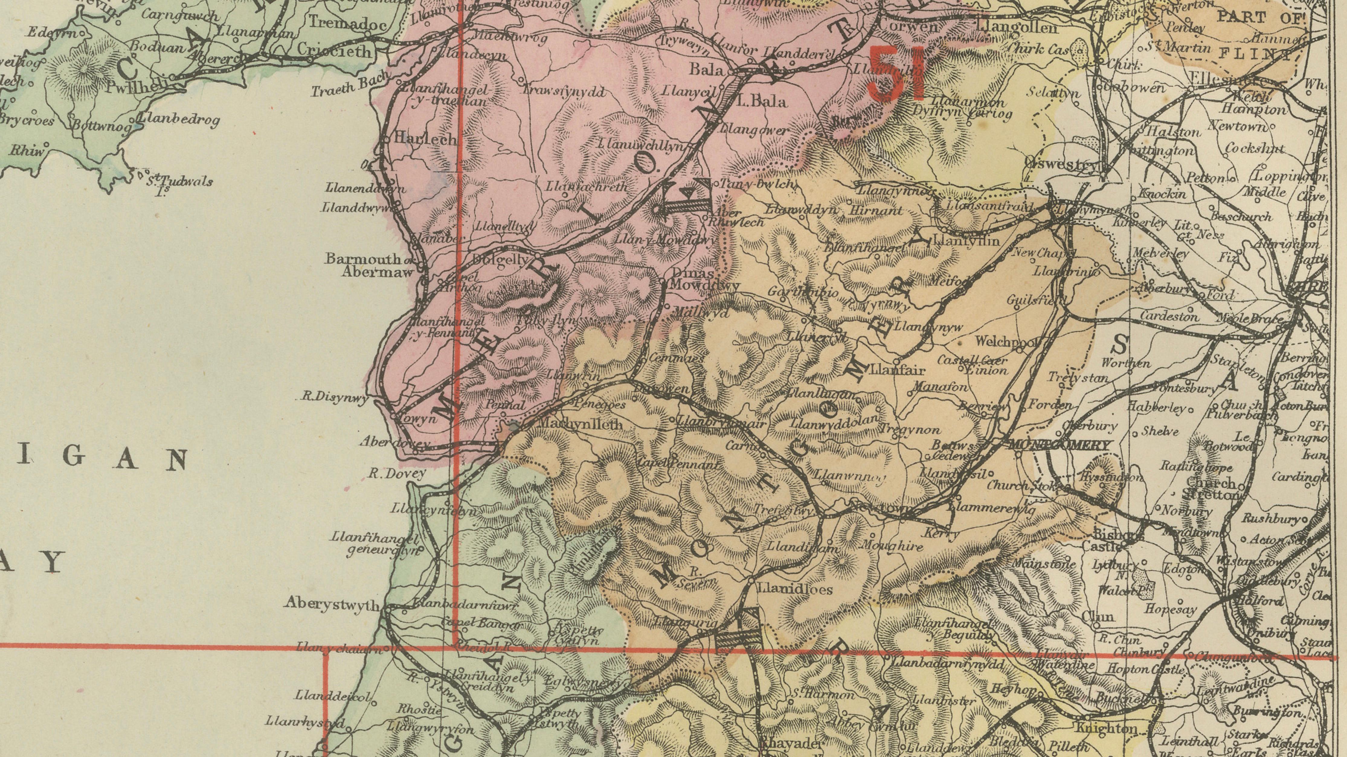 Antique Map of Wales, 1885 – County Colors, Railways & Coastal Detail