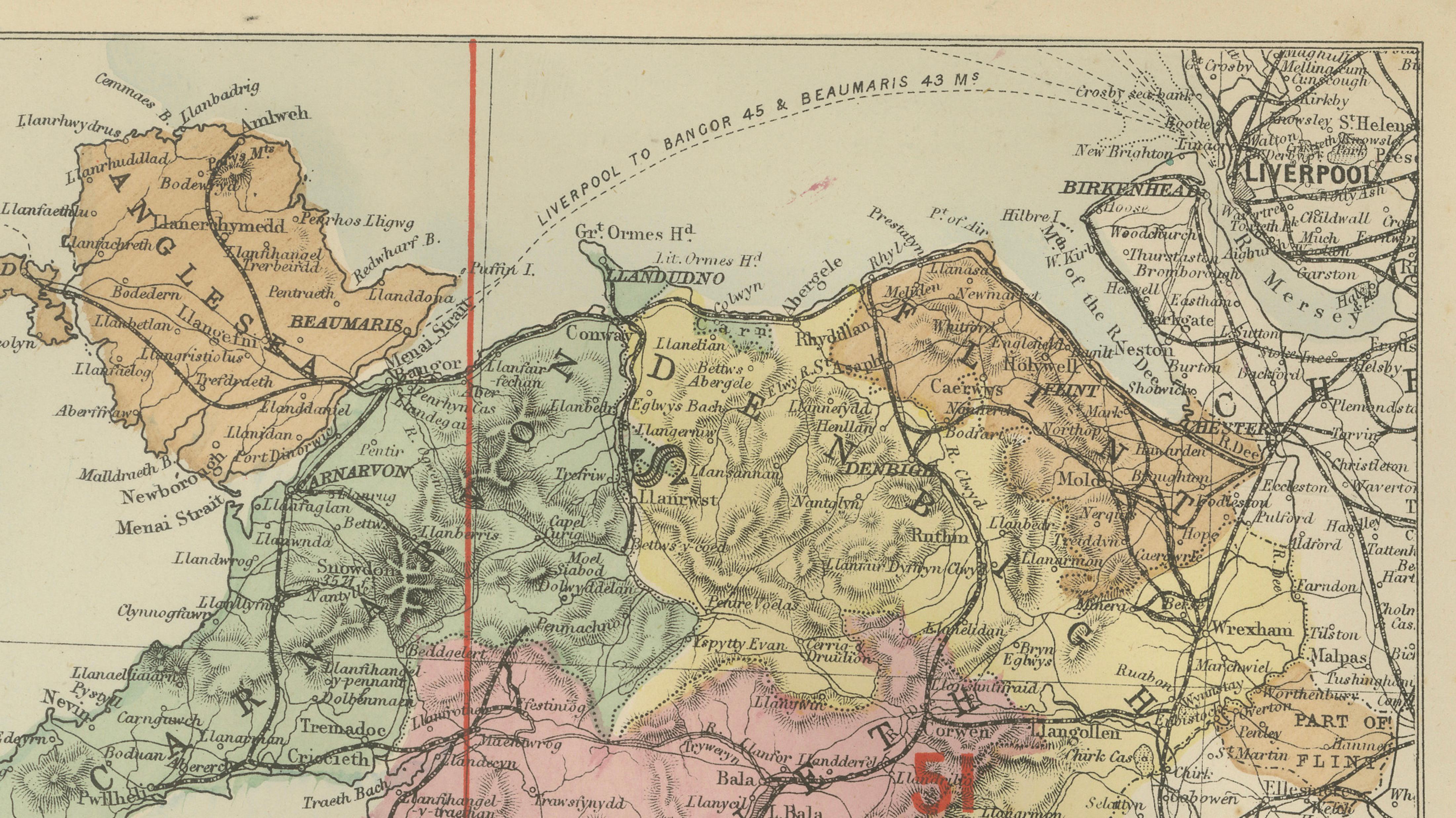 Antique Map of Wales, 1885 – County Colors, Railways & Coastal Detail
