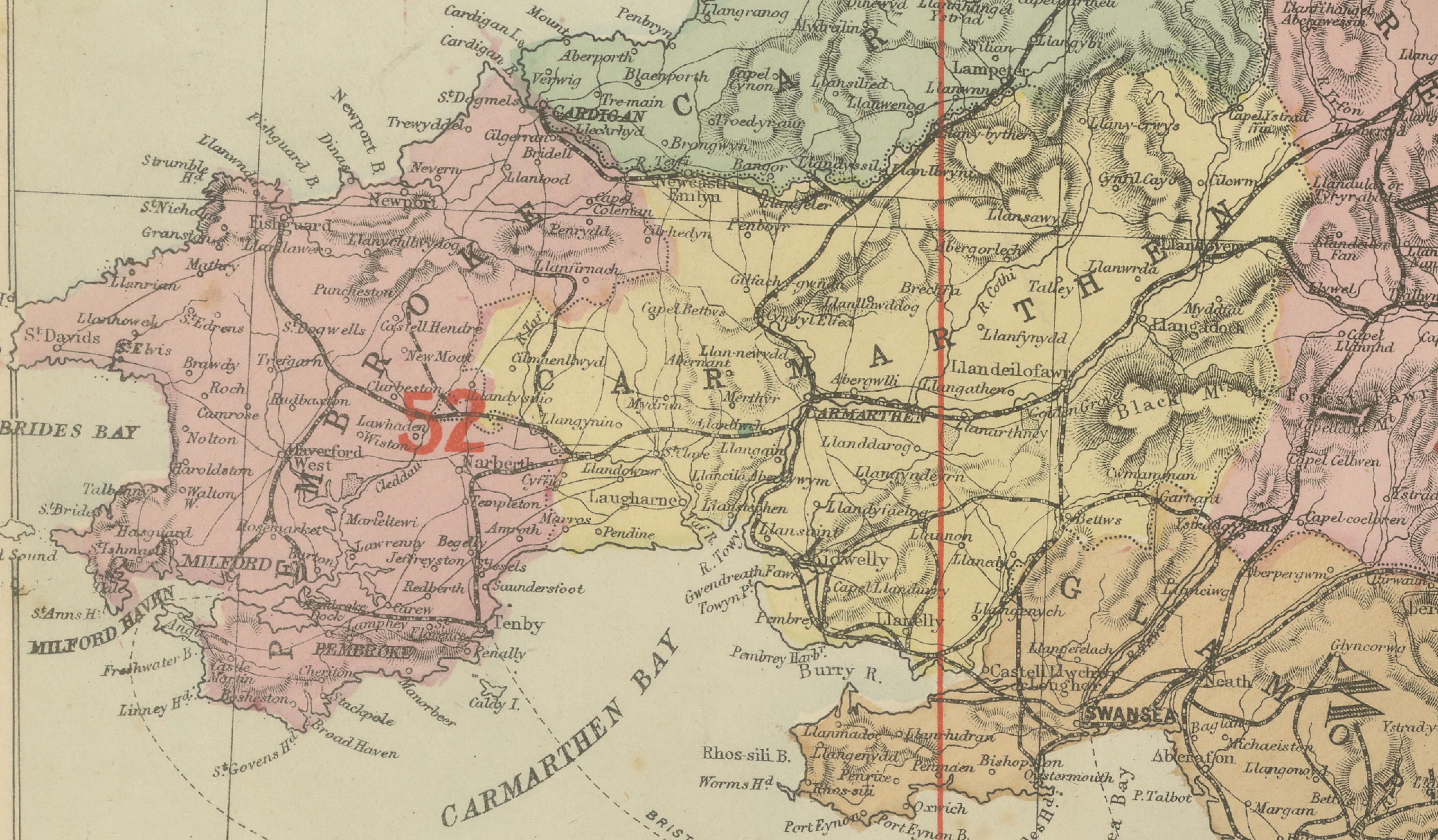 Antique Map of Wales, 1885 – County Colors, Railways & Coastal Detail