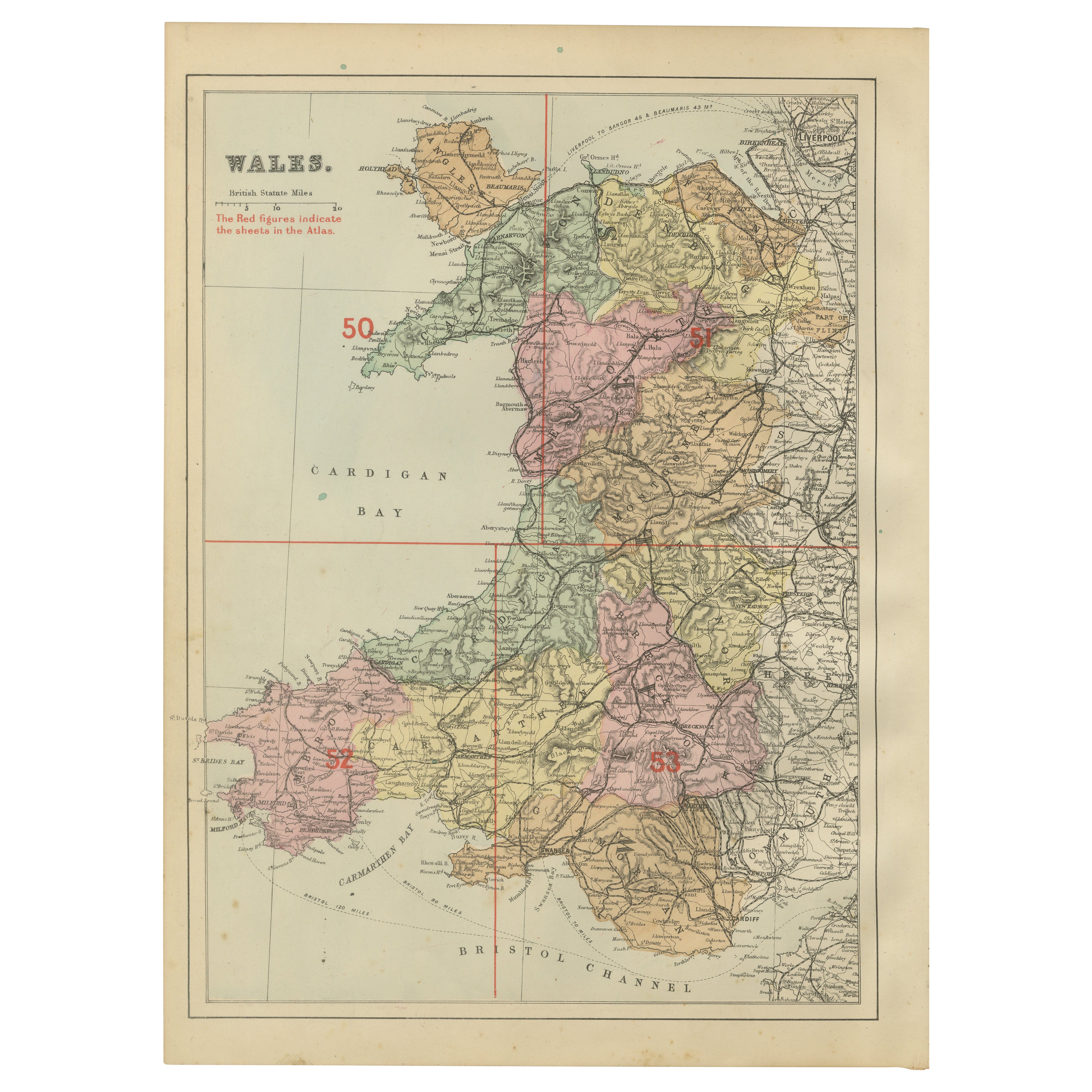 Carte ancienne du Wales, 1885 - Couleurs des comtés, chemins de fer et détails côtiers en vente