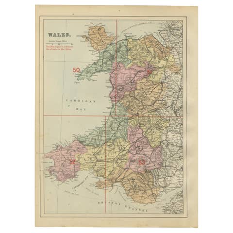 Antique Map of Wales, 1885 – County Colors, Railways & Coastal Detail