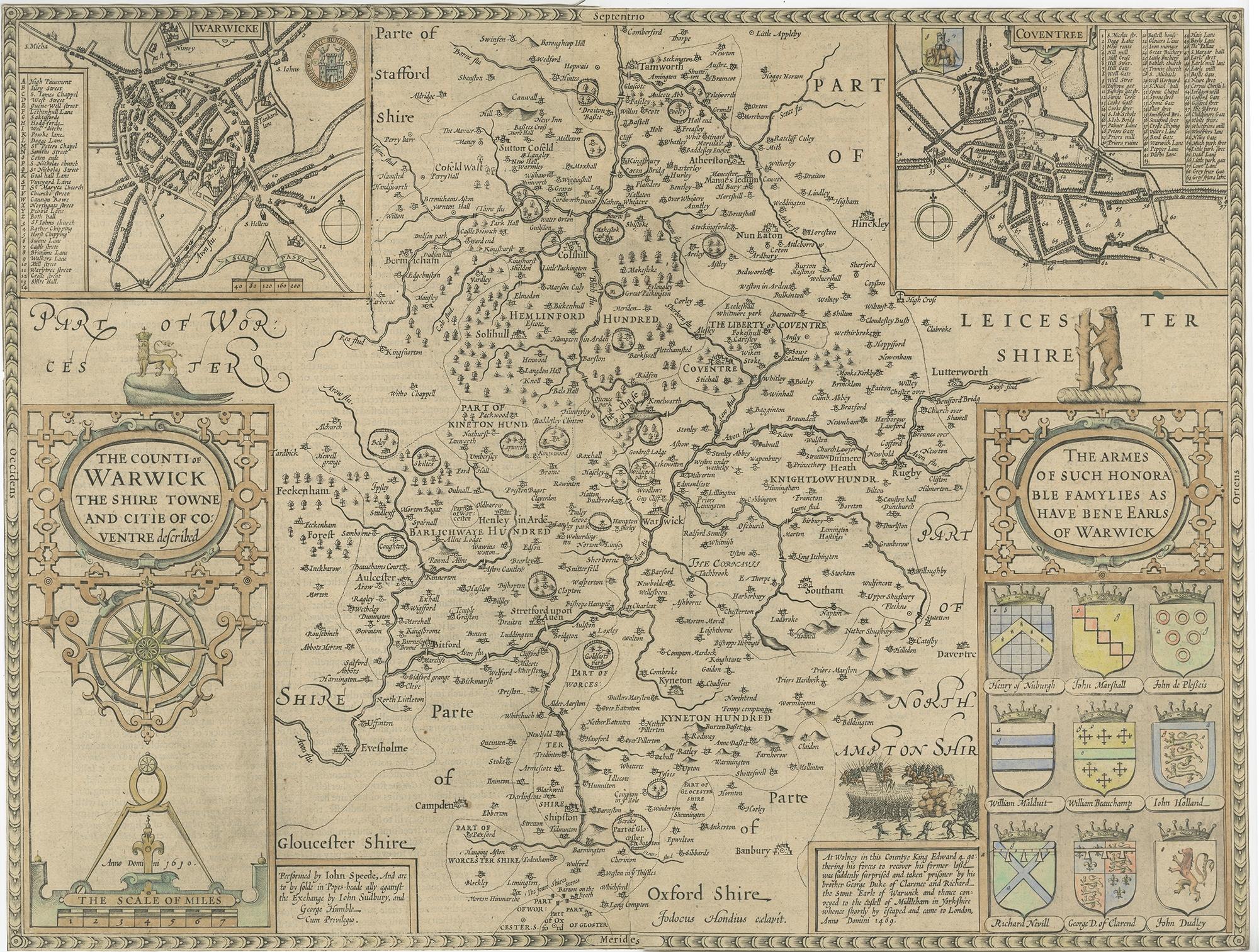 18th Century and Earlier Antique Map of Warwickshire by Speed, c.1614 For Sale