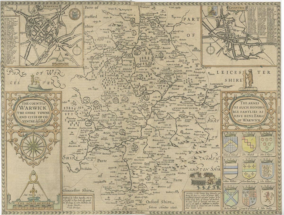 Antique Map of Warwickshire by Speed, c.1614