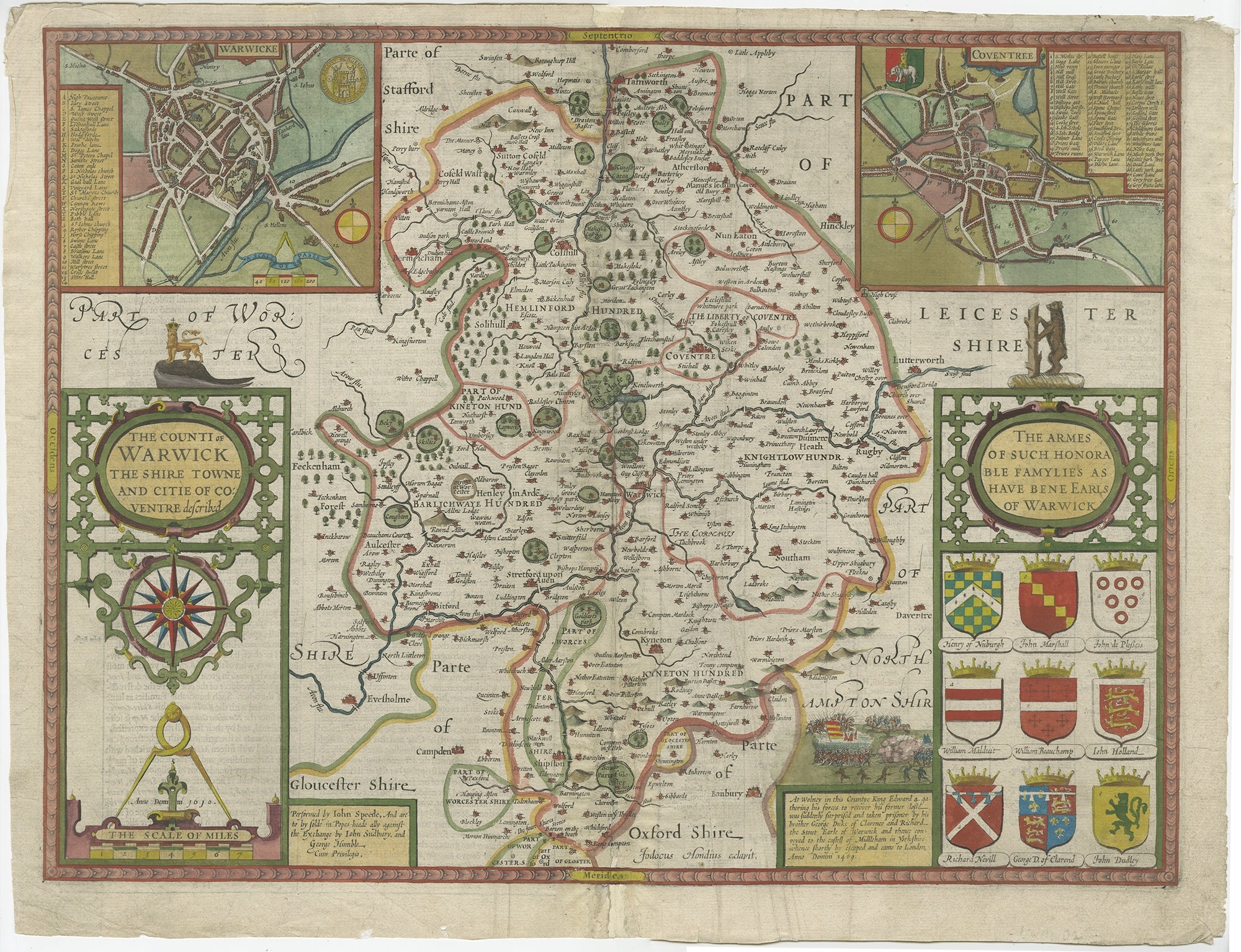 Antique map titled 'The Counti of Warwick the Shire Towne and Citie of Coventre described'. Map of Warwickshire, England. Includes inset town plans of Warwick and Coventry. This map originates from 'Theatre of Great Britaine' by John Speed.

Artists
