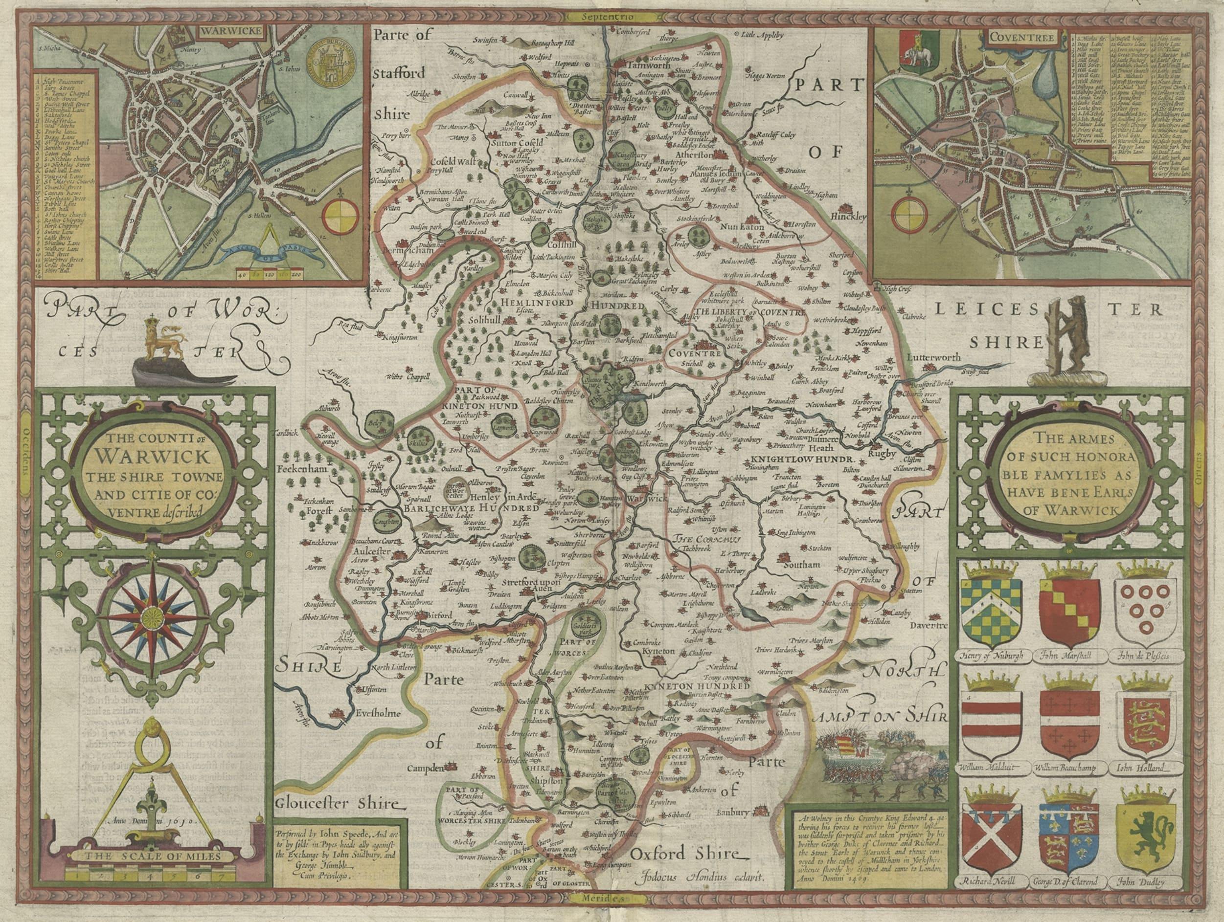 Antike Karte von Warwickshire in England von Speed, um 1614 (Papier) im Angebot