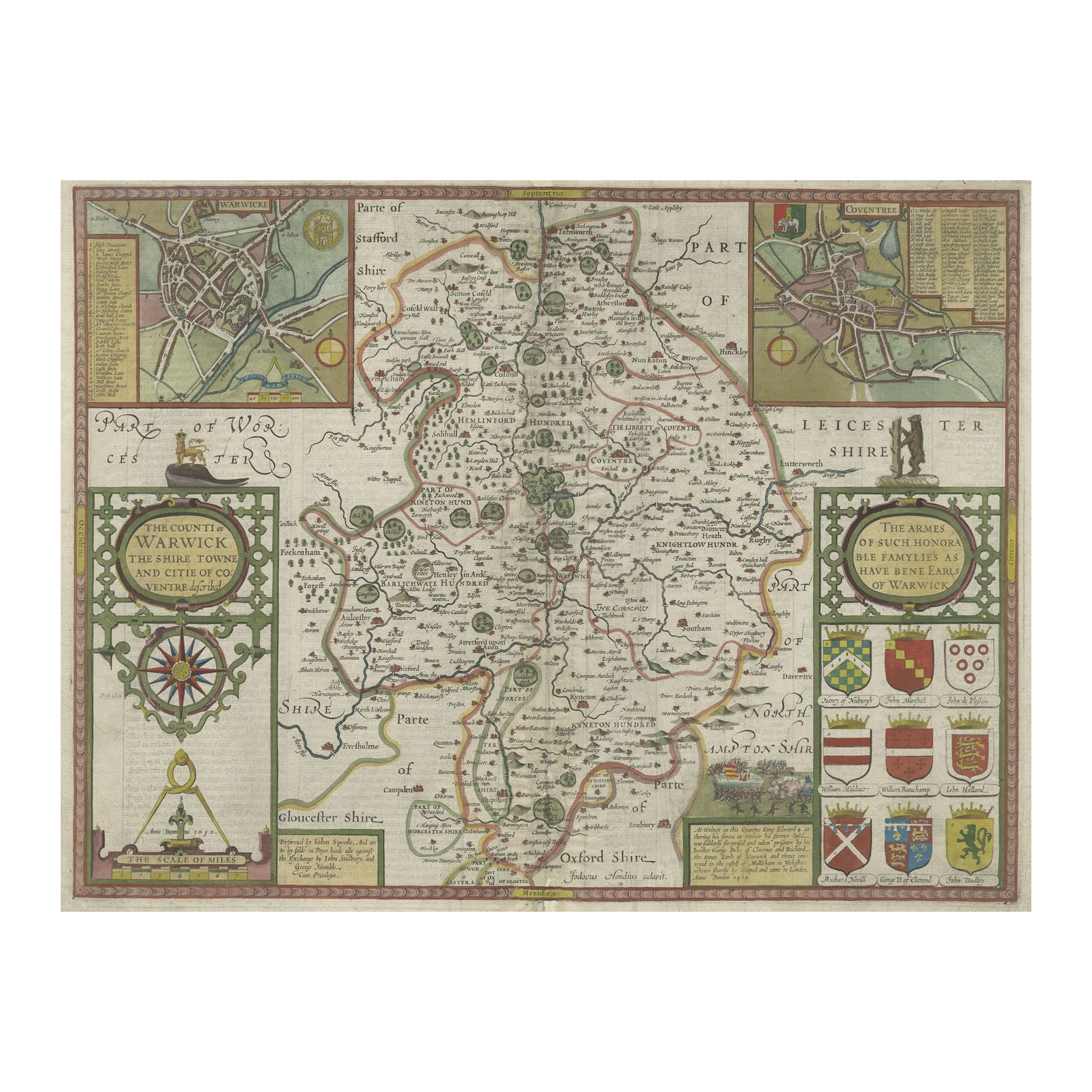 Mappa antica del Warwickshire in Inghilterra di Speed, 1614 ca.