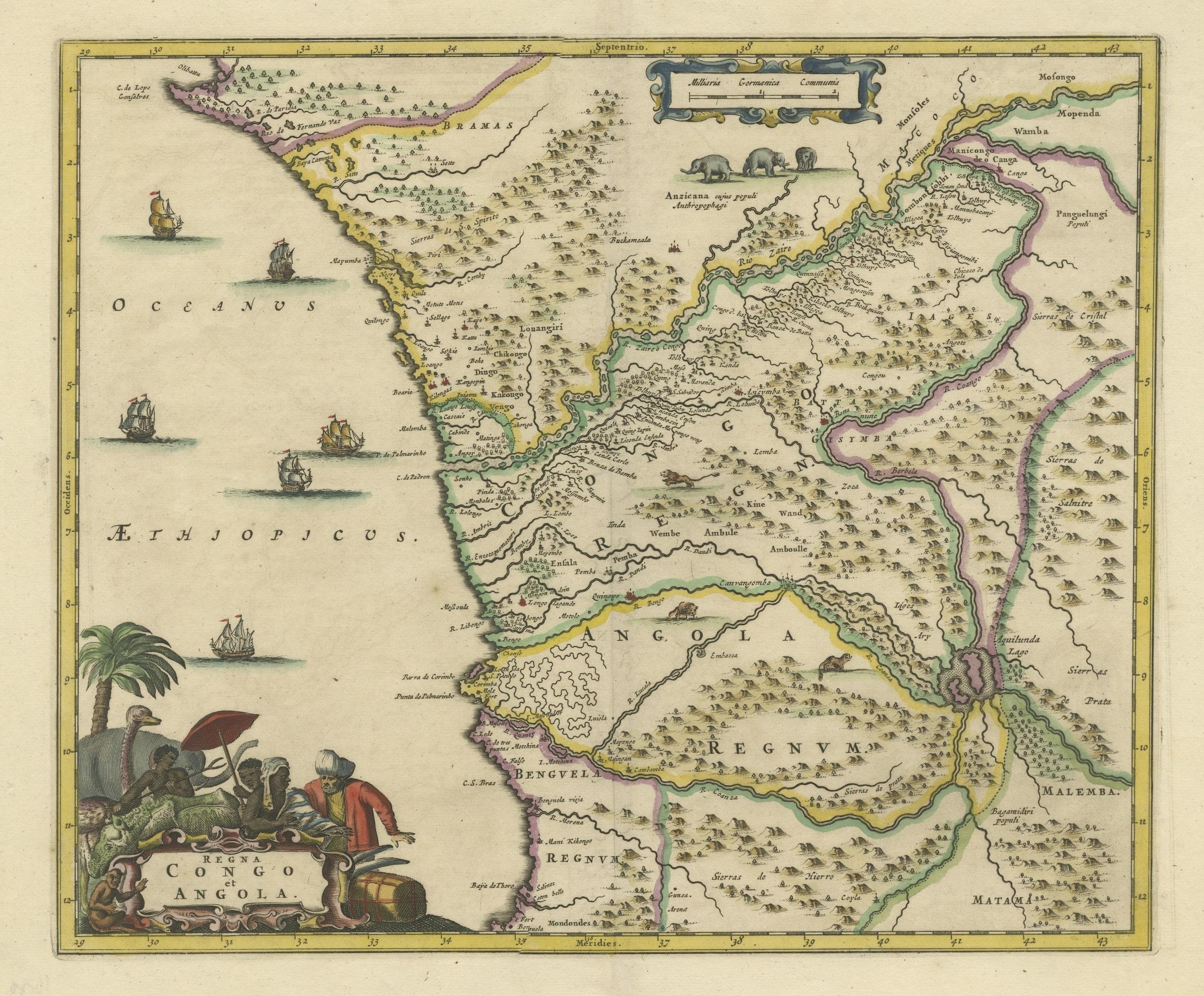 Original antique map titled 'Regna Congo et Angola'. Decorative 17th Century English map of a portion of West Africa, focused on the Congo and Angola. The map is centered on the Zaire River (Congo) and Coanza River, which show a common source of the