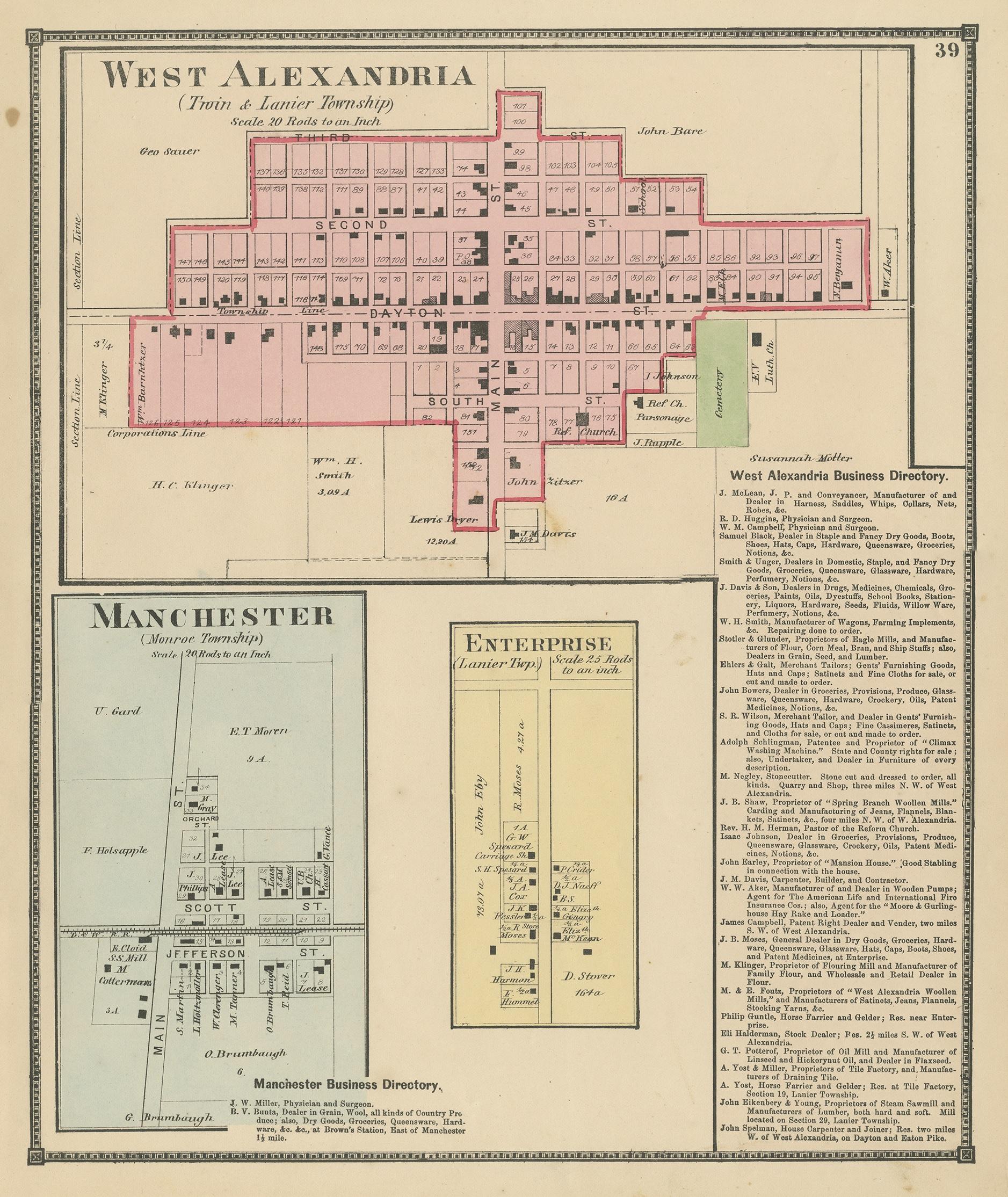 Antique map titled 'West Alexandria, Manchester, Enterprise'. Original antique map of villages and communities of Ohio. This map originates from 'Atlas of Preble County Ohio' by C.O. Titus. Published, 1871.