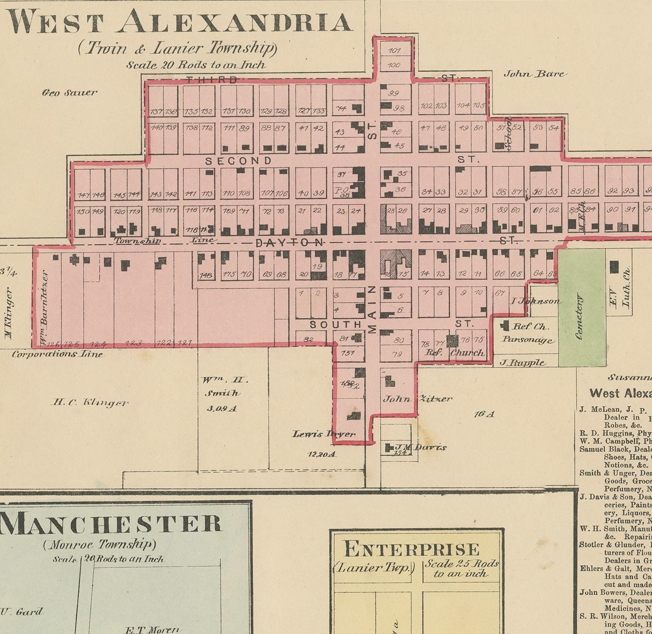 Antique Map of West Alexandria, Manchester & Enterprise, 1871 In Fair Condition For Sale In Langweer, NL