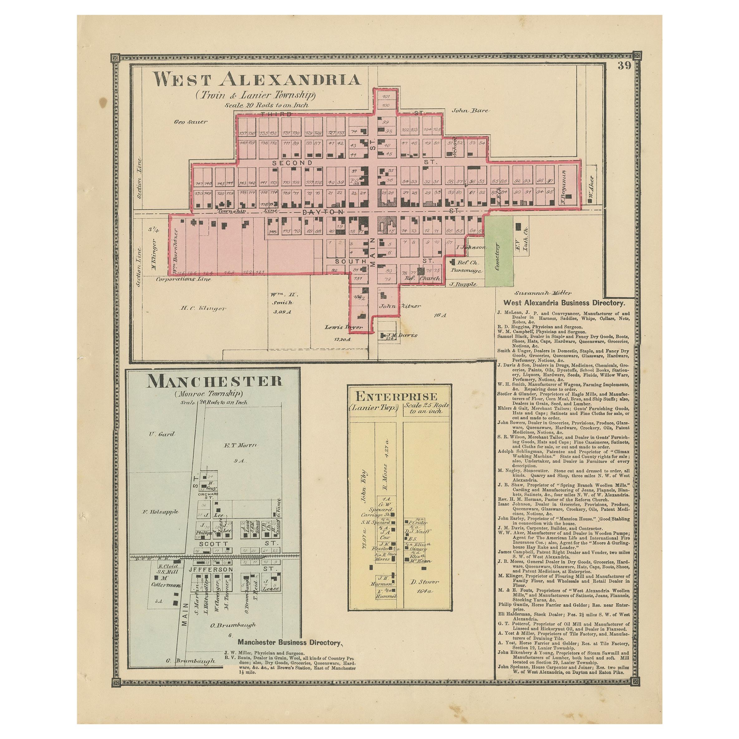 Antique Map of West Alexandria, Manchester & Enterprise, 1871