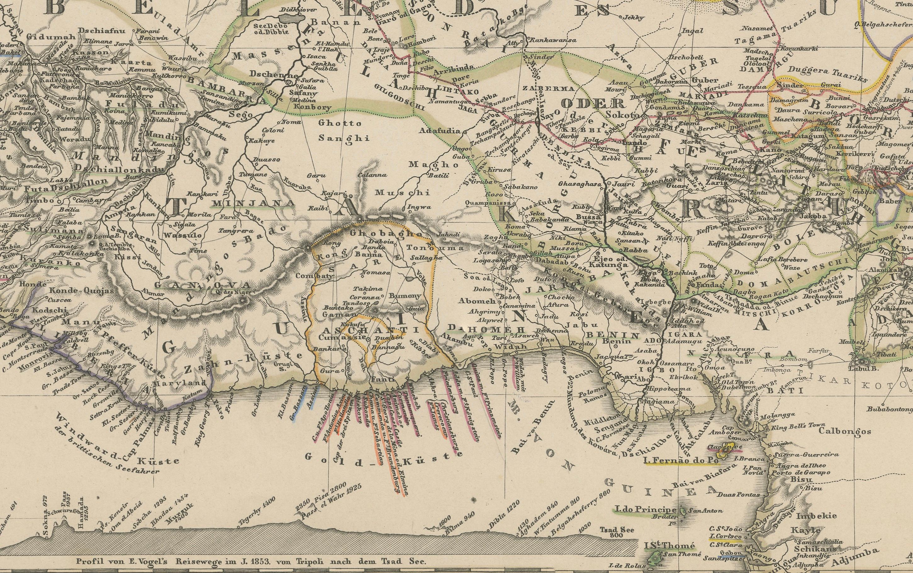 Mapa antiguo de África Occidental y Central - Atlas Stieler, Justus Perthes 1857 Alemán en venta