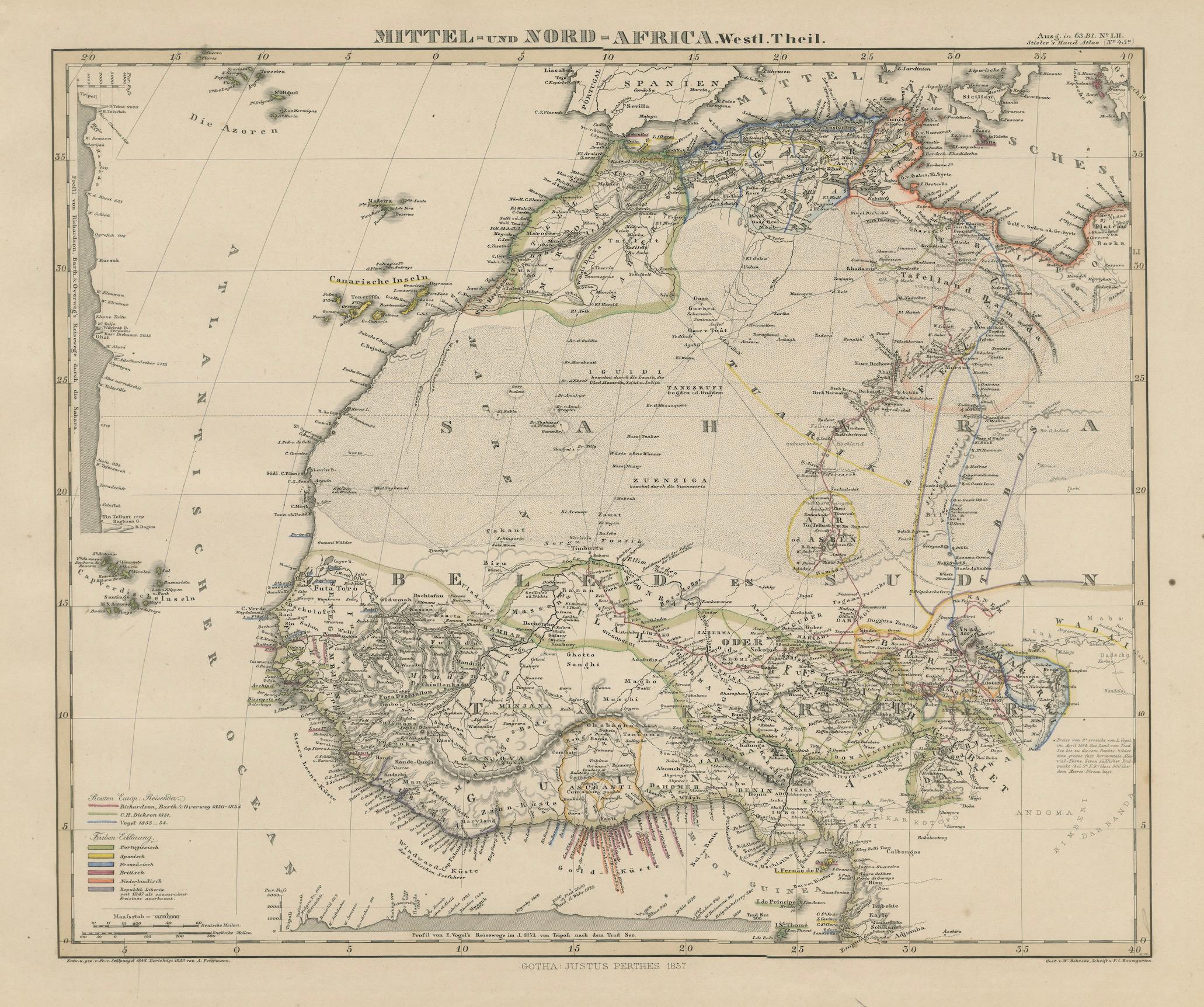 Mapa antiguo de África Occidental y Central - Atlas Stieler, Justus Perthes 1857 Papel en venta