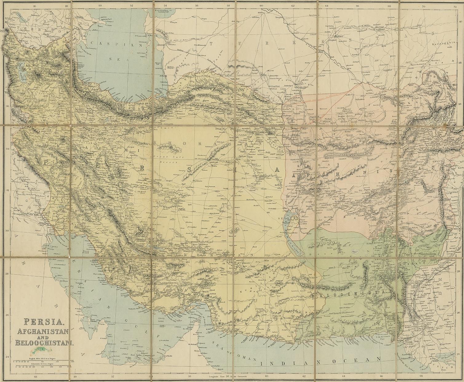 Antique map titled 'Persia, Afghanistan and Beloochistan'. Folding map on linen. 

Published circa 1900. Stamp below title.