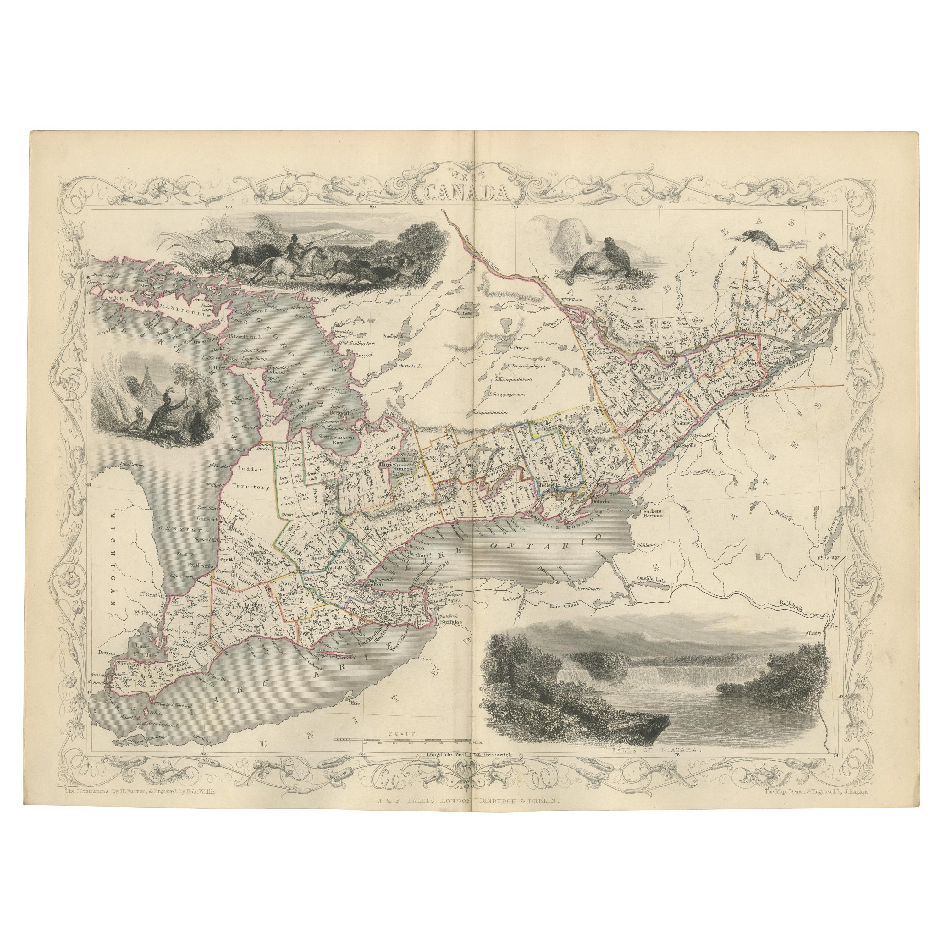 Carte ancienne de l'ouest du Canada par Tallis, vers 1850