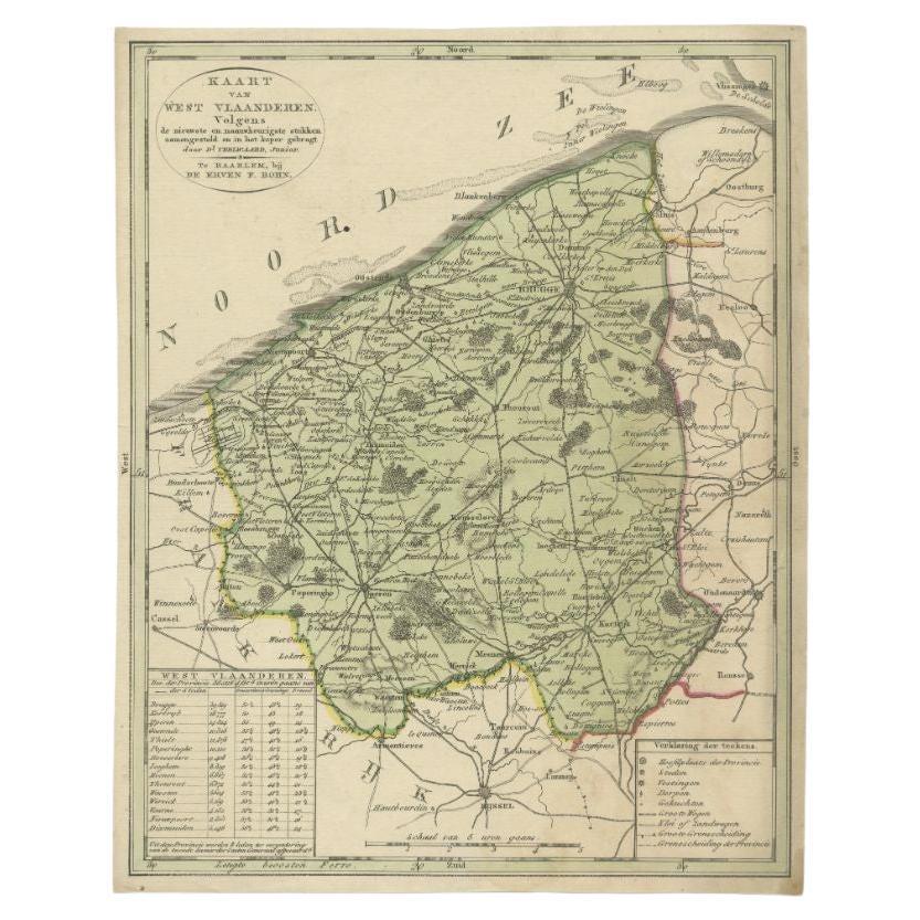 Antique Map of West Flanders in Belgium, c.1840 For Sale