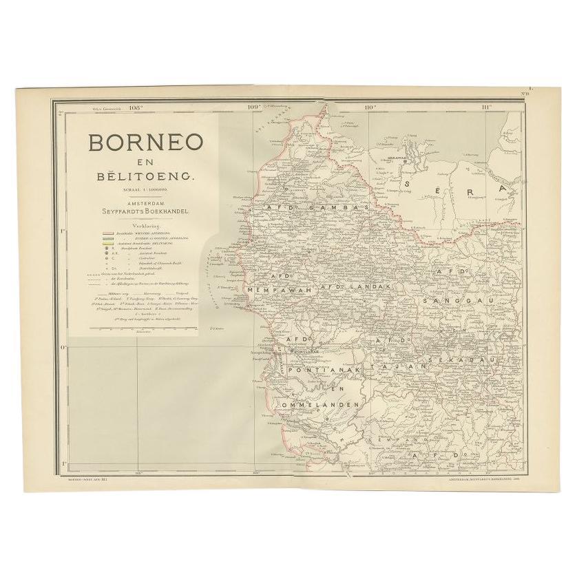 Mapa antiguo de Kalimantan Occidental, Borneo, Indonesia, 1900