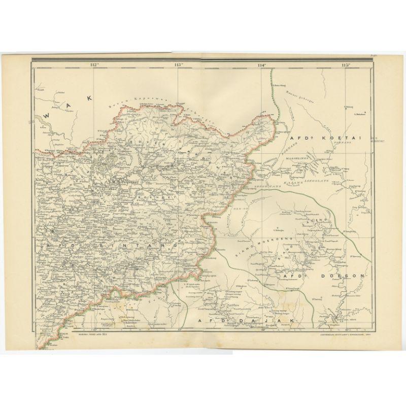 Antique map of West Kalimantan, Borneo. It shows the region of the Schwaner Mountains. This map originates from 'Atlas van Nederlandsch Oost- en West-Indië' by I. Dornseiffen. 

Artists and Engravers: Published by Seyffardt's Boekhandel, Amsterdam.