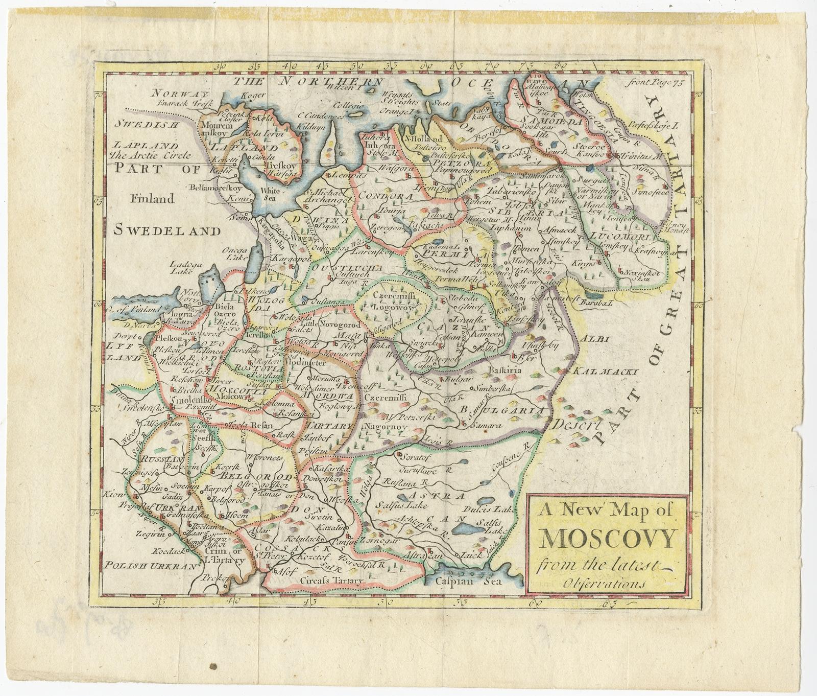 Antique map Russia titled 'A New Map of Moscovy from the latest observations'. 

Muscovy is an alternative name for the Grand Duchy of Moscow (1263–1547), the Tsardom of Russia (1547–1721), or (rarely) the Russian Empire (1721–1917).

Antique