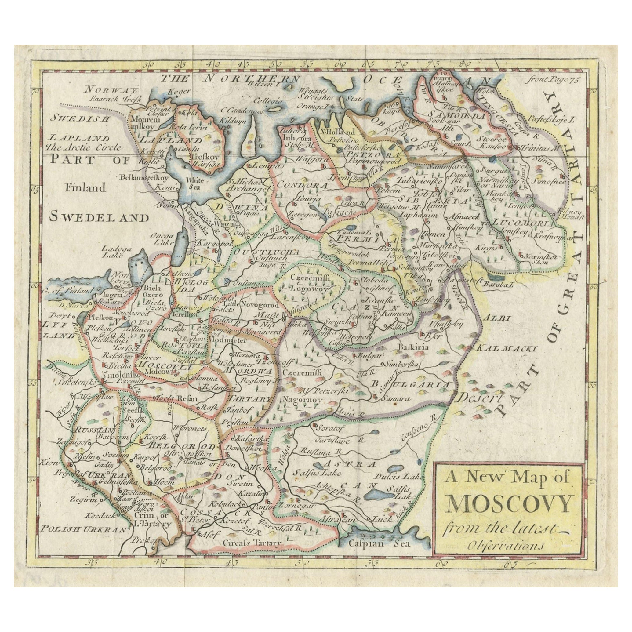 Carte ancienne de la Russie occidentale de l'Ouest, avec titre une nouvelle carte de Moskovy, 1741