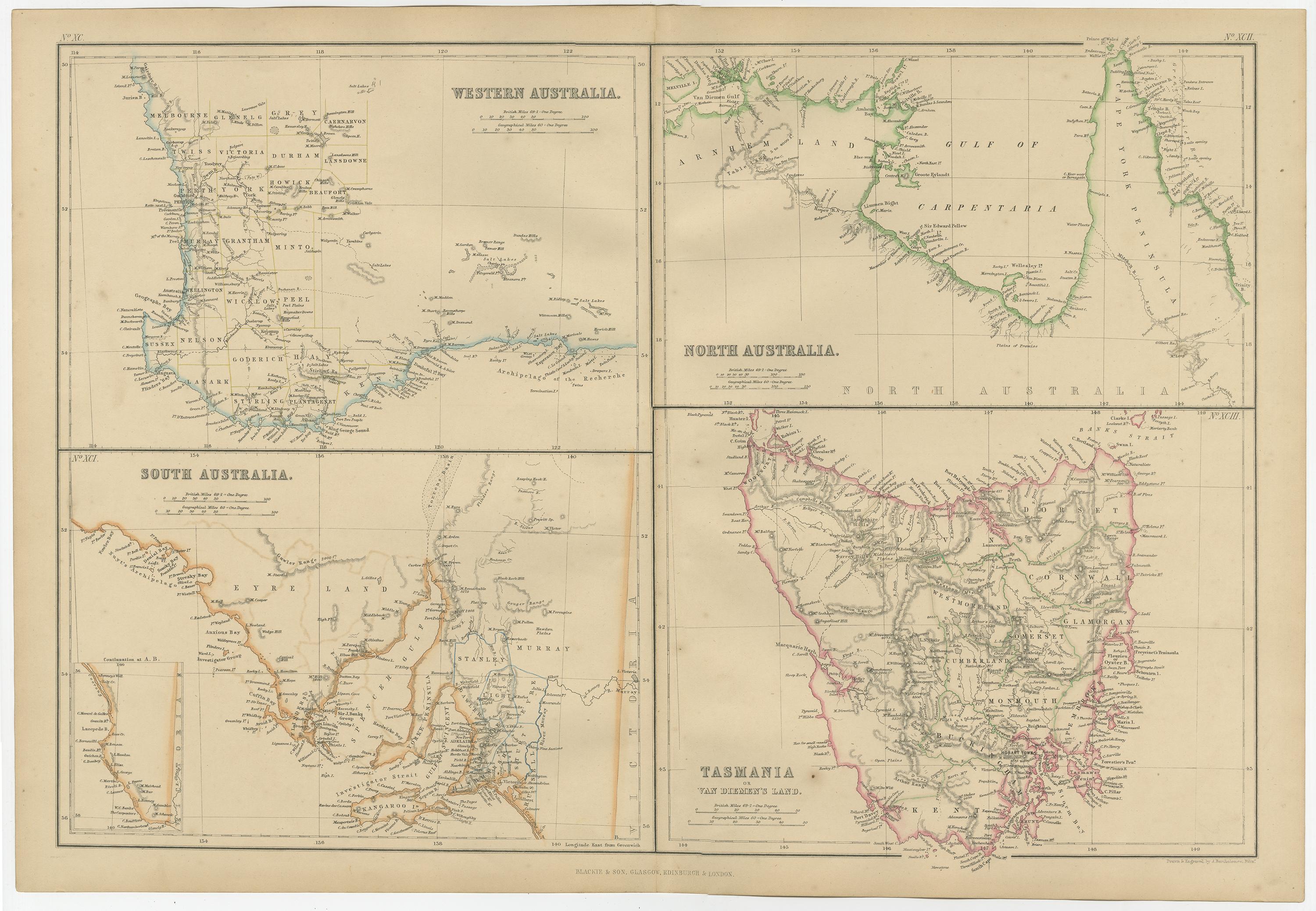 Antique map titled 'Western Australia, South Australia, North Australia and Tasmania'. Original antique map of Western Australia, South Australia, North Australia and Tasmania. This map originates from ‘The Imperial Atlas of Modern Geography’.