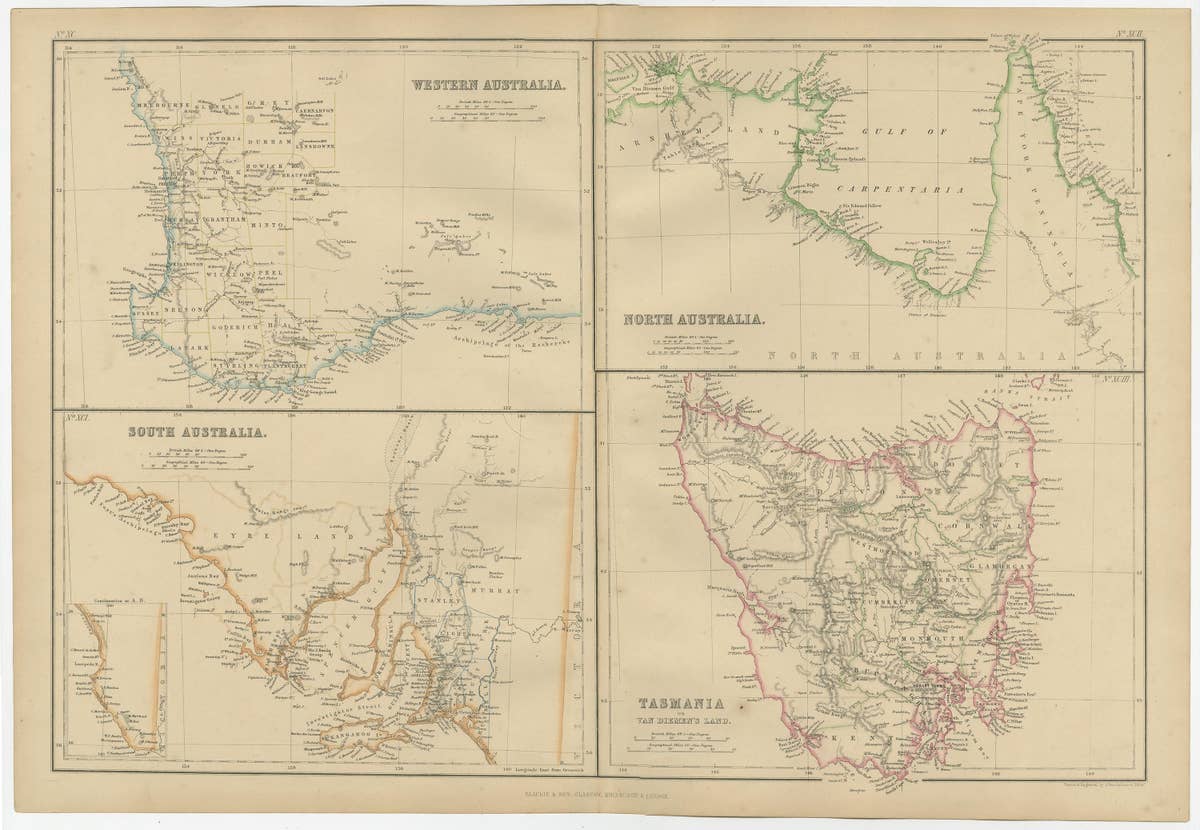Antique Map of West, South, North Australia and Tasmania by W. G. Blackie, 1859