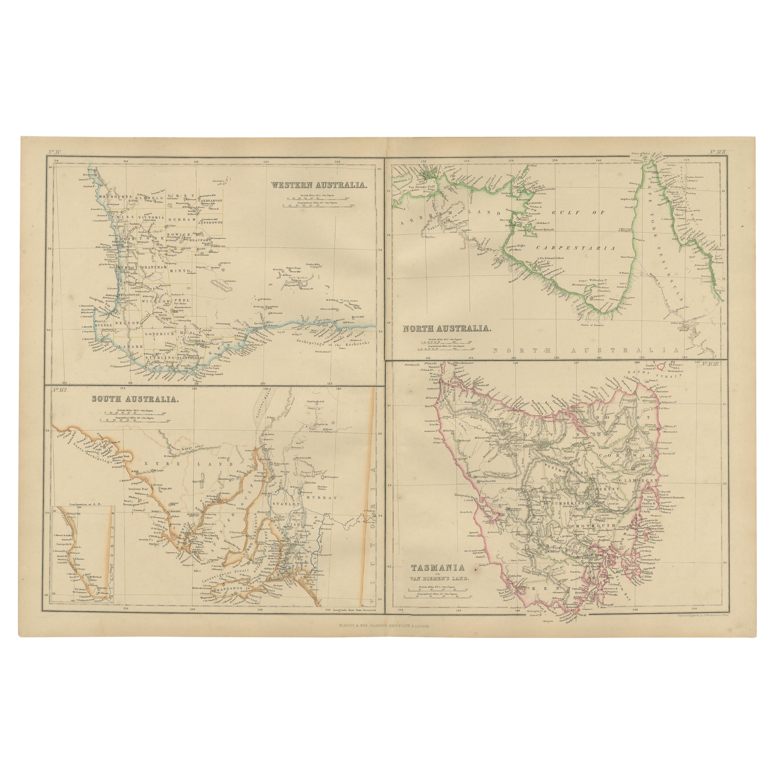 Carte ancienne de l'Ouest, de l'Australie du Sud, de l'Australie du Nord et de la Tasmania par W. G. Blackie, 1859