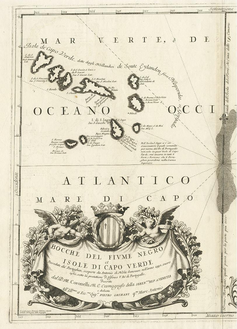 italien Carte ancienne de l'Afrique de l'Ouest et des îles du Cap Verde par Coronelli, 1691 en vente