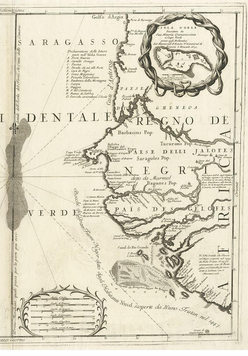 Gravé Carte ancienne de l'Afrique de l'Ouest et des îles du Cap Verde par Coronelli, 1691 en vente