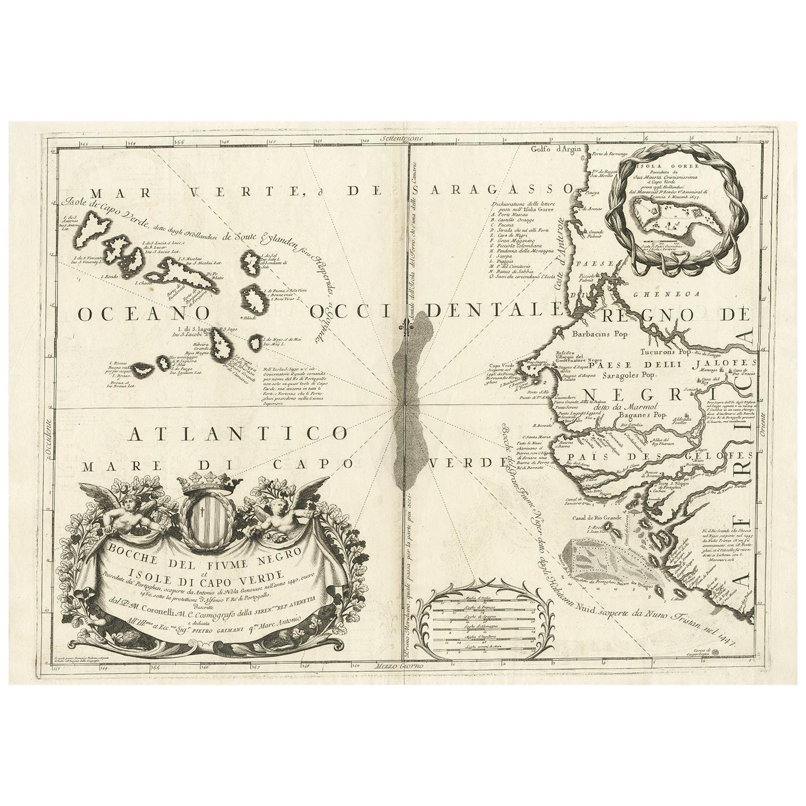 Carte ancienne de l'Afrique de l'Ouest et des îles du Cap Verde par Coronelli, 1691