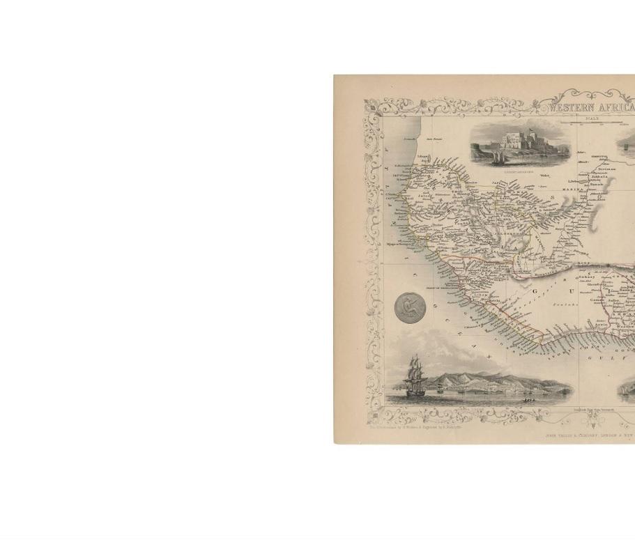 A decorative and detailed mid-19th century map of Western Africa which was drawn and engraved by J. Rapkin (vignettes by H. Winkles & E. Radclyffe) and published in John Tallis's Illustrated Atlas (London & New York: John Tallis & co, circa 1851).