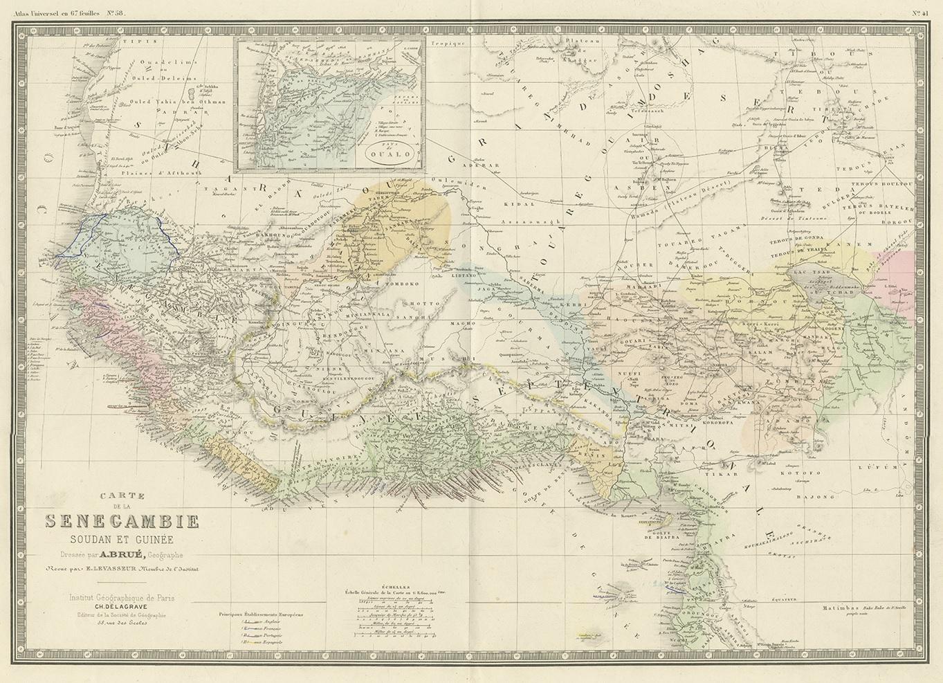 Antique map titled 'Carte de la Senegambie Soudan et Guinée'. Large map of Western Africa. This map originates from 'Atlas de Géographie Moderne Physique et Politique' by A. Levasseur. Published 1875.