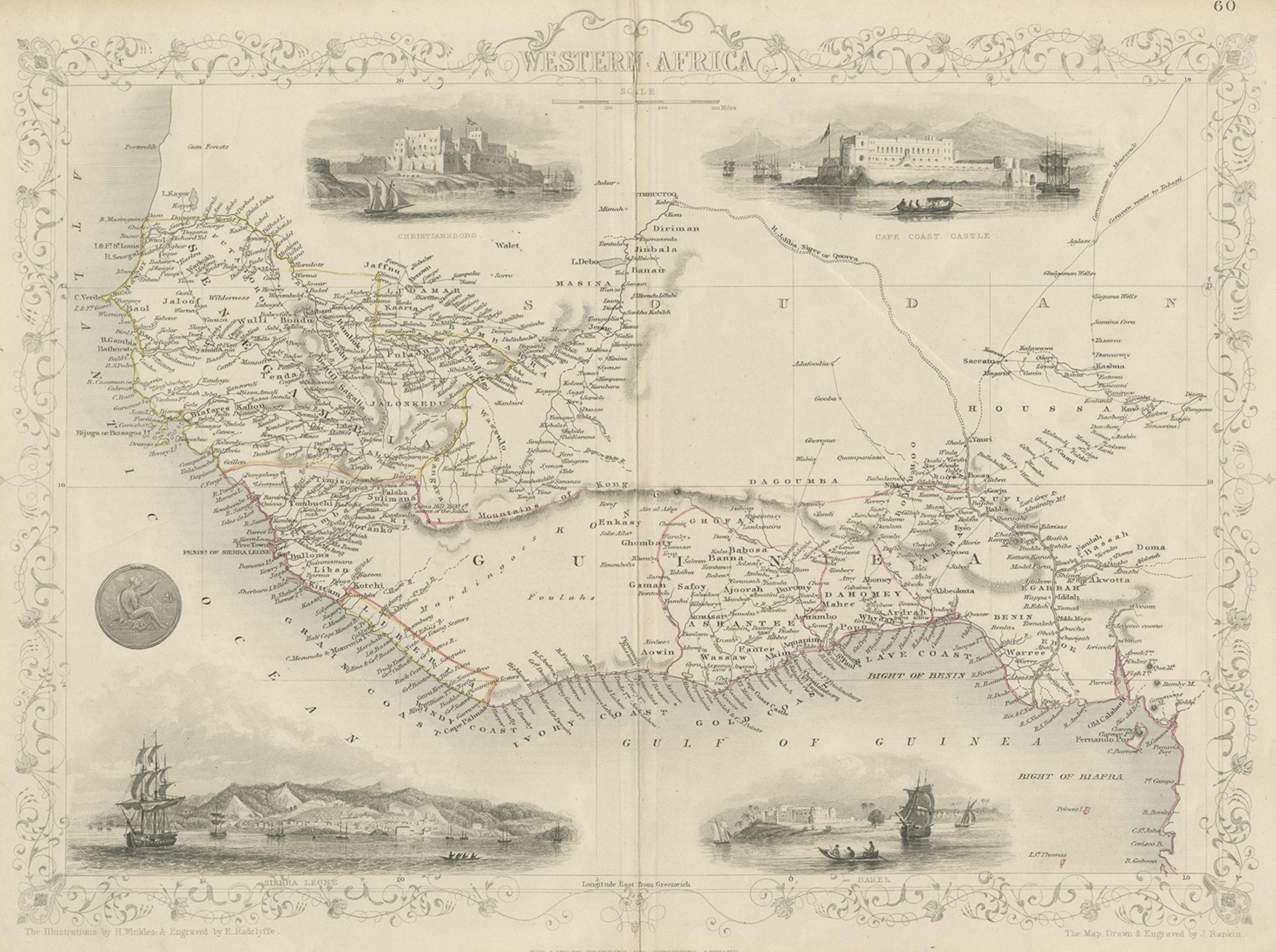 Antique map titled ‘Western Africa’. Includes decorative vignettes titled Christiansborg, Cape Coast Castle, Sierra Leone and Bakel. Originates from 'The Illustrated Atlas, And Modern History Of The World Geographical, Political, Commercial &
