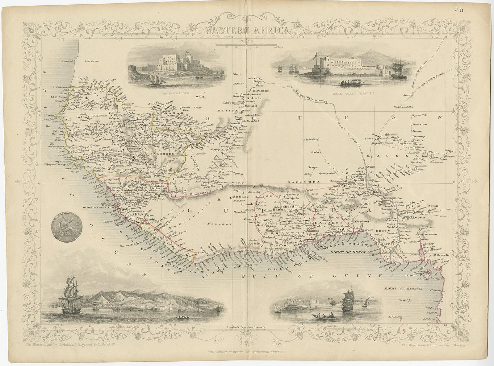 Antike Karte Westafrikas mit Vignetten des Kapküstenschlosses usw., ca. 1850 im Zustand „Gut“ im Angebot in Langweer, NL