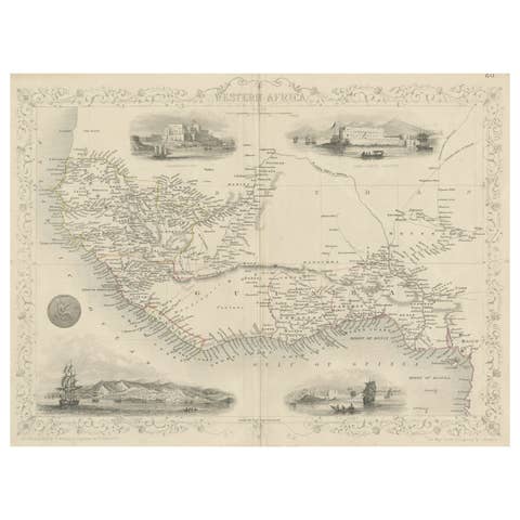 Antique Map of Western Africa with Vignettes of Cape Coast Castle etc, ca.1851