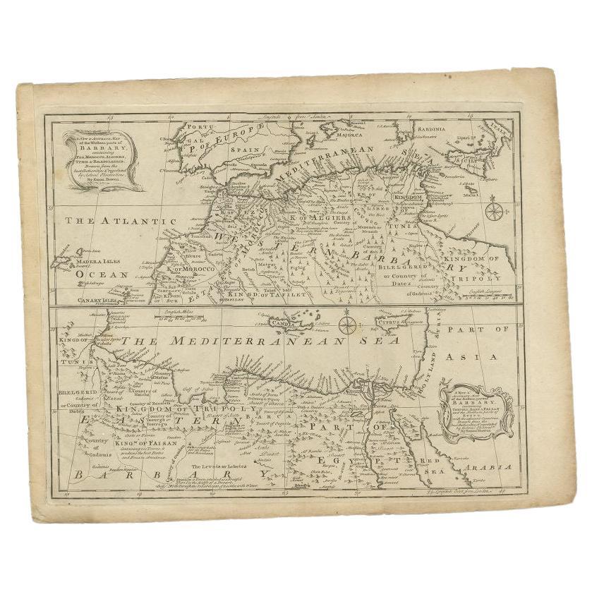 Antique map titled 'A New & Accurate Map of the Western Parts of Barbary' and 'A New & Accurate Map of the Eastern Parts of Barbary'. Decorative maps of North Africa and the Southern Mediterranean, including Cyprus, Malta, Sicily, etc. Western