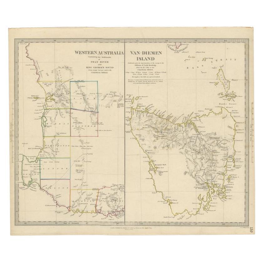 Antique Map of Western Australia and Van Diemen's Land or Tasmania, 1833 For Sale