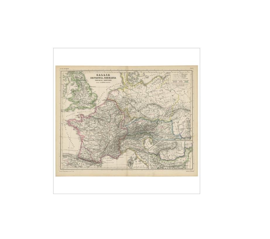 Antike Karte mit dem Titel 'Gallia, Britannia, Germania'. Diese Karte zeigt einen großen Teil Westeuropas, darunter Länder wie Deutschland, Frankreich, Großbritannien, die Niederlande und weitere. Diese Karte stammt aus dem 