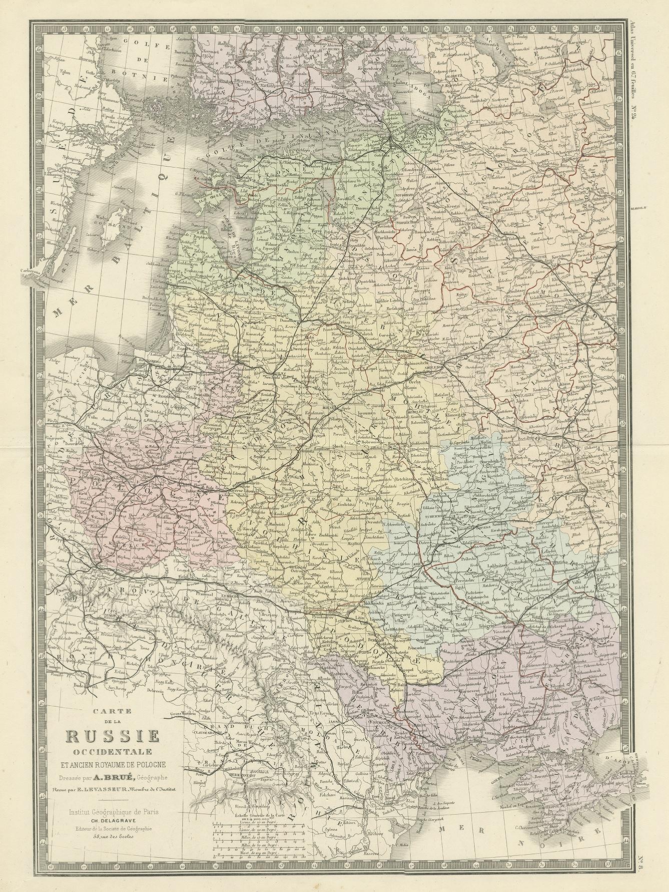 Antique map titled 'Carte de la Russie Occidentale (..)'. Large map of Western Russia. This map originates from 'Atlas de Géographie Moderne Physique et Politique' by A. Levasseur. Published 1875.