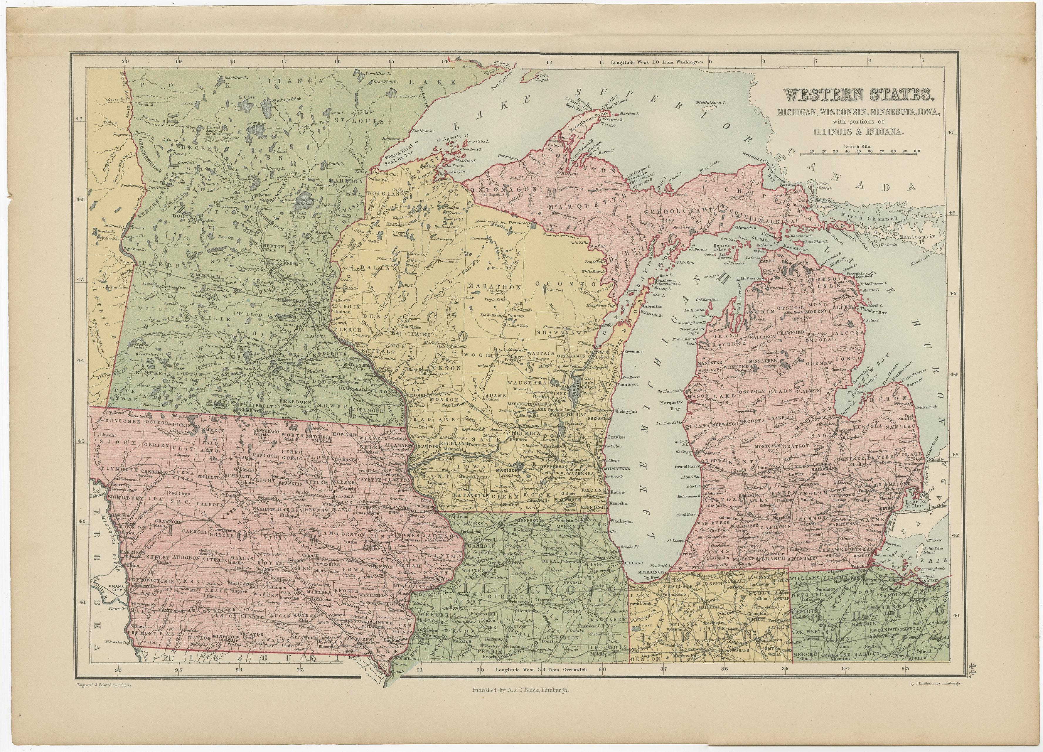 Antique map titled 'Western States, Michigan, Wisconsin, Minnesota, Iowa with portions of Illinois & Indiana'. Original antique map of Western States, Michigan, Wisconsin, Minnesota, Iowa with portion of Illinois & Indiana. This map originates from