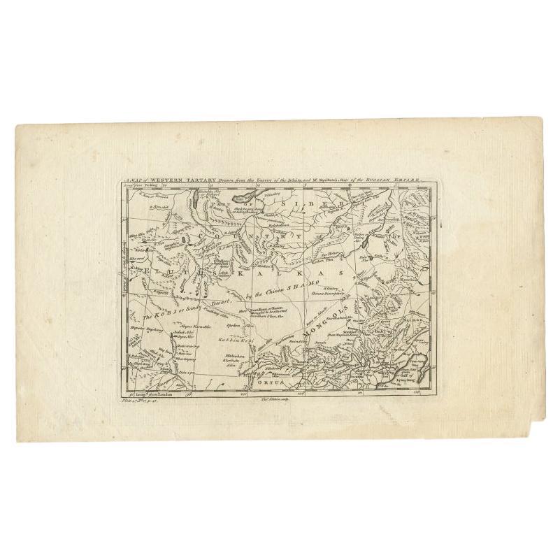 Antique map titled 'A Map of Western Tartary Drawn from the Survey of the Jesuits and Mr. Kyrillow's Map of the Russian Empire'. Map of the Gobi Desert and the eastern portion of the Silk Route region by Thomas Kitchin. Covers from Lake Baikal in