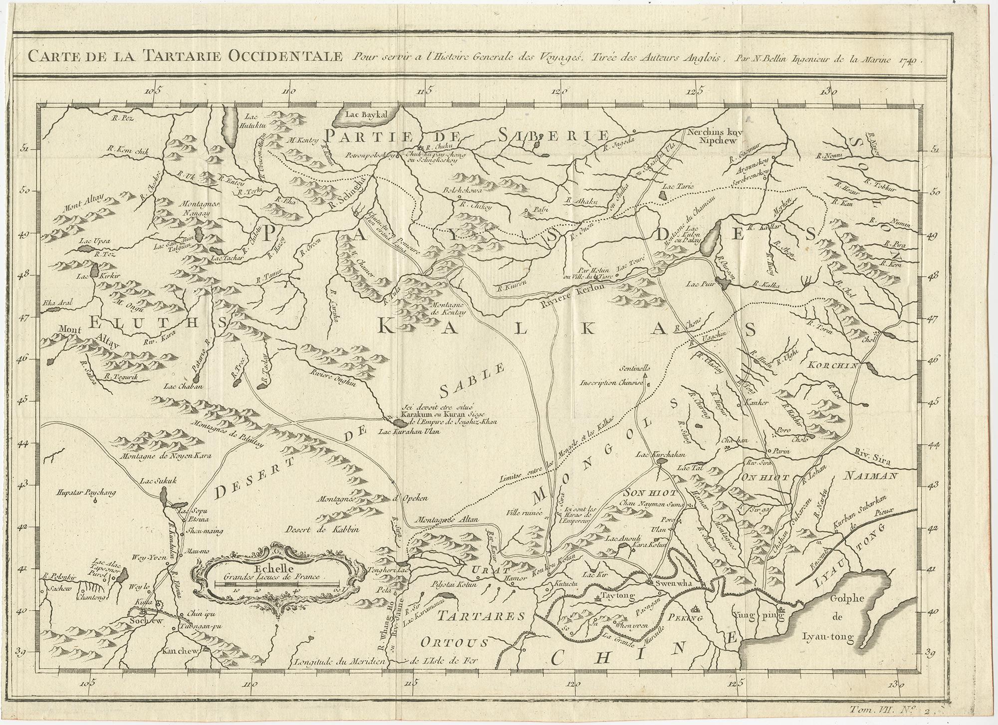 Antique map titled 'Carte de la Tartarie Occidentale'. This map covers western Tartary with a focus on the region of present-day Mongolia. This map includes information from Kyrkov's important surveys of this remote region in addition to Jesuit and