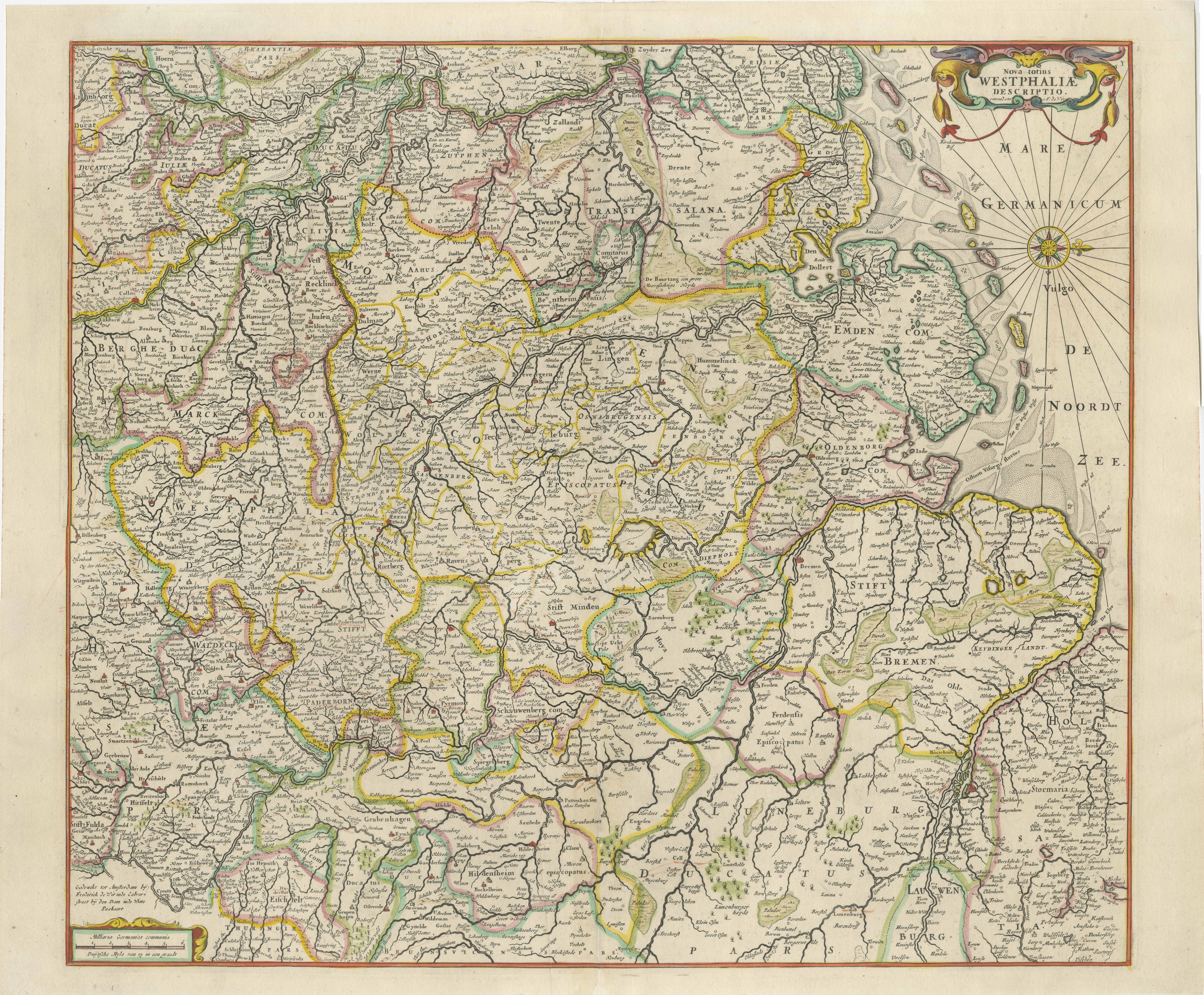 Antique map titled 'Nova totius Westphaliae Descriptio'. Detailed map of Westphalia, Northern Germany. Oriented to the west. The area shown extends from Hamburg in the north to Marburg in the south and from Arnhem in the west to Halberstadt in the