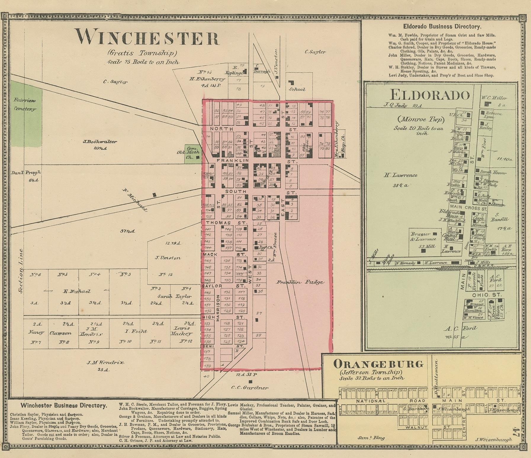 Antique map titled 'Winchester, Eldorado, Orangeburg'. Original antique map of villages and communities of Ohio. This map originates from 'Atlas of Preble County Ohio' by C.O. Titus. Published, 1871.