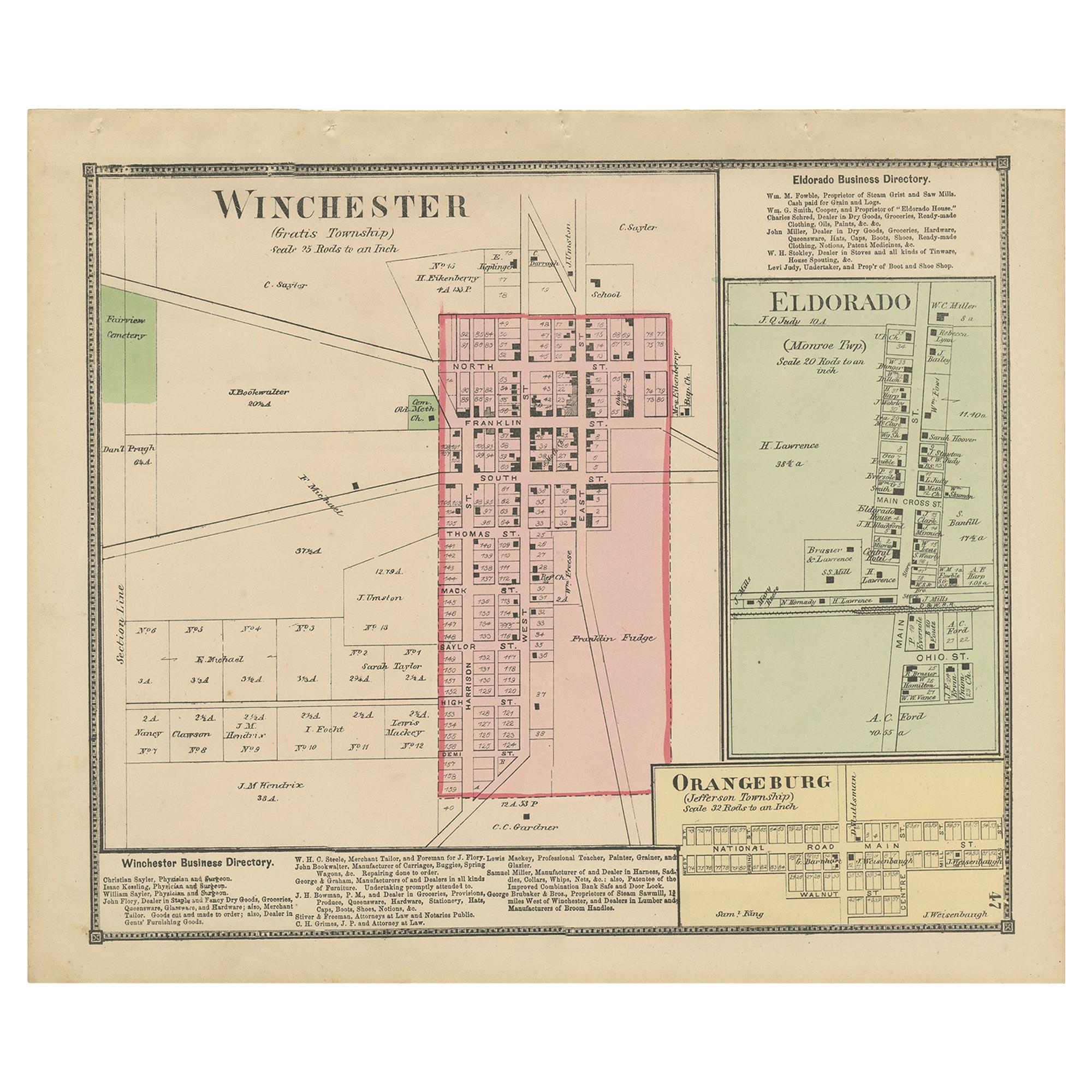 Antique Map of Winchester, Eldorado & Orangeburg, 1871 For Sale