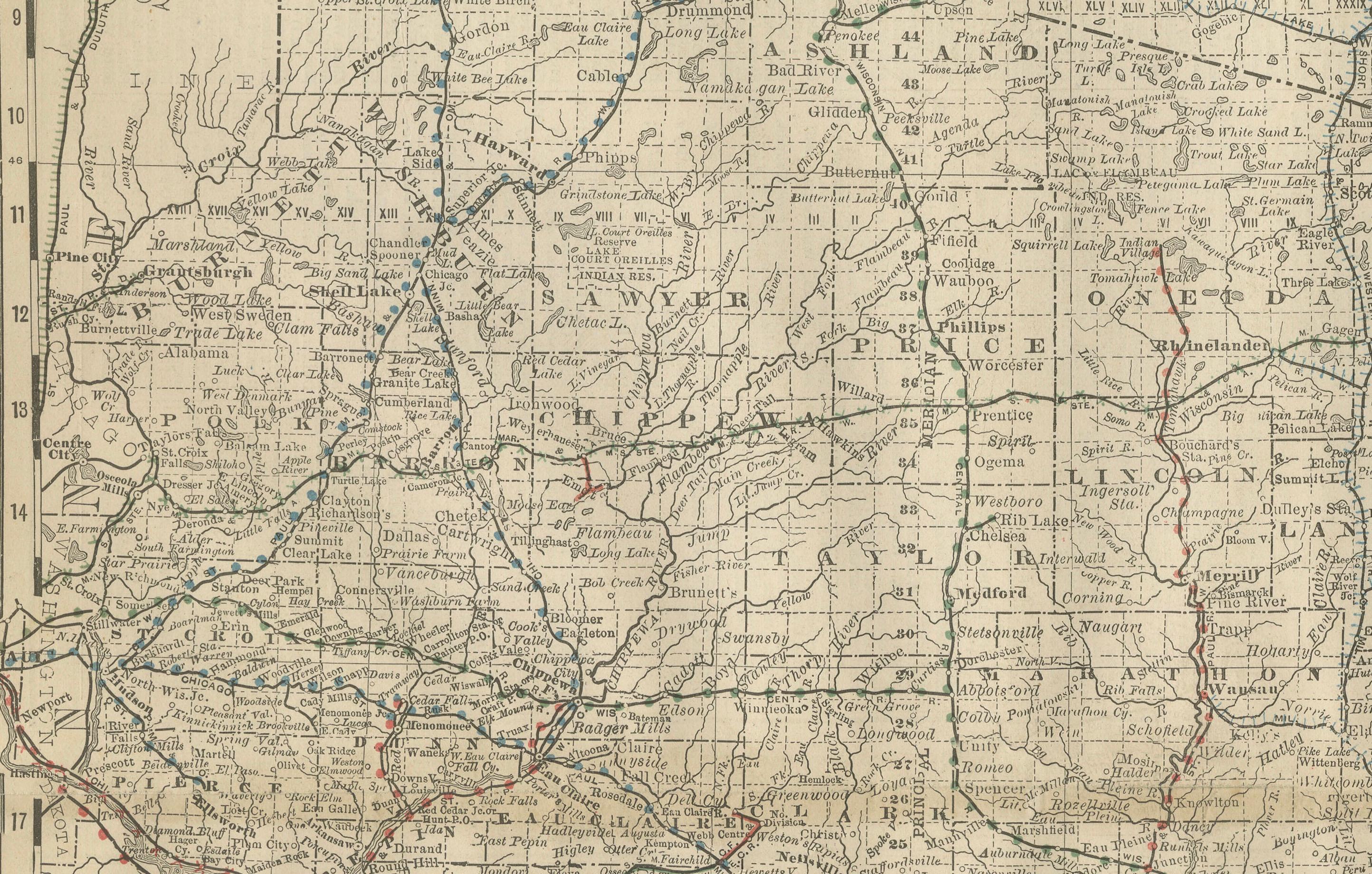 American Antique Map of Wisconsin – The Badger State with Railroads & Counties, 1888 For Sale